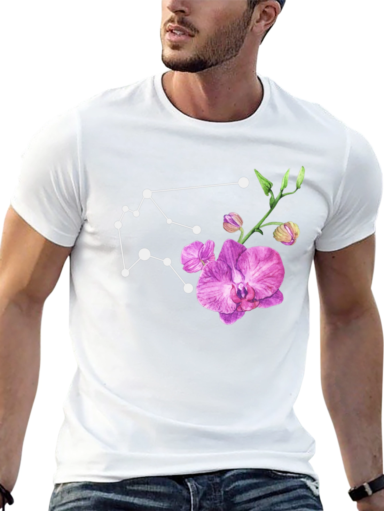 Aquarius Constellation & Orchid Black T-Shirt