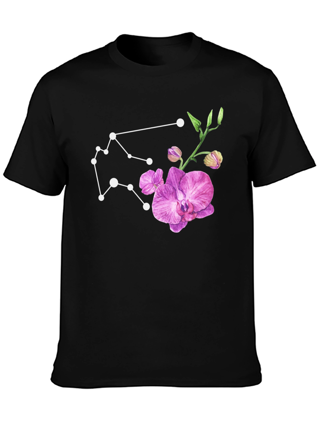 Aquarius Constellation & Orchid Black T-Shirt