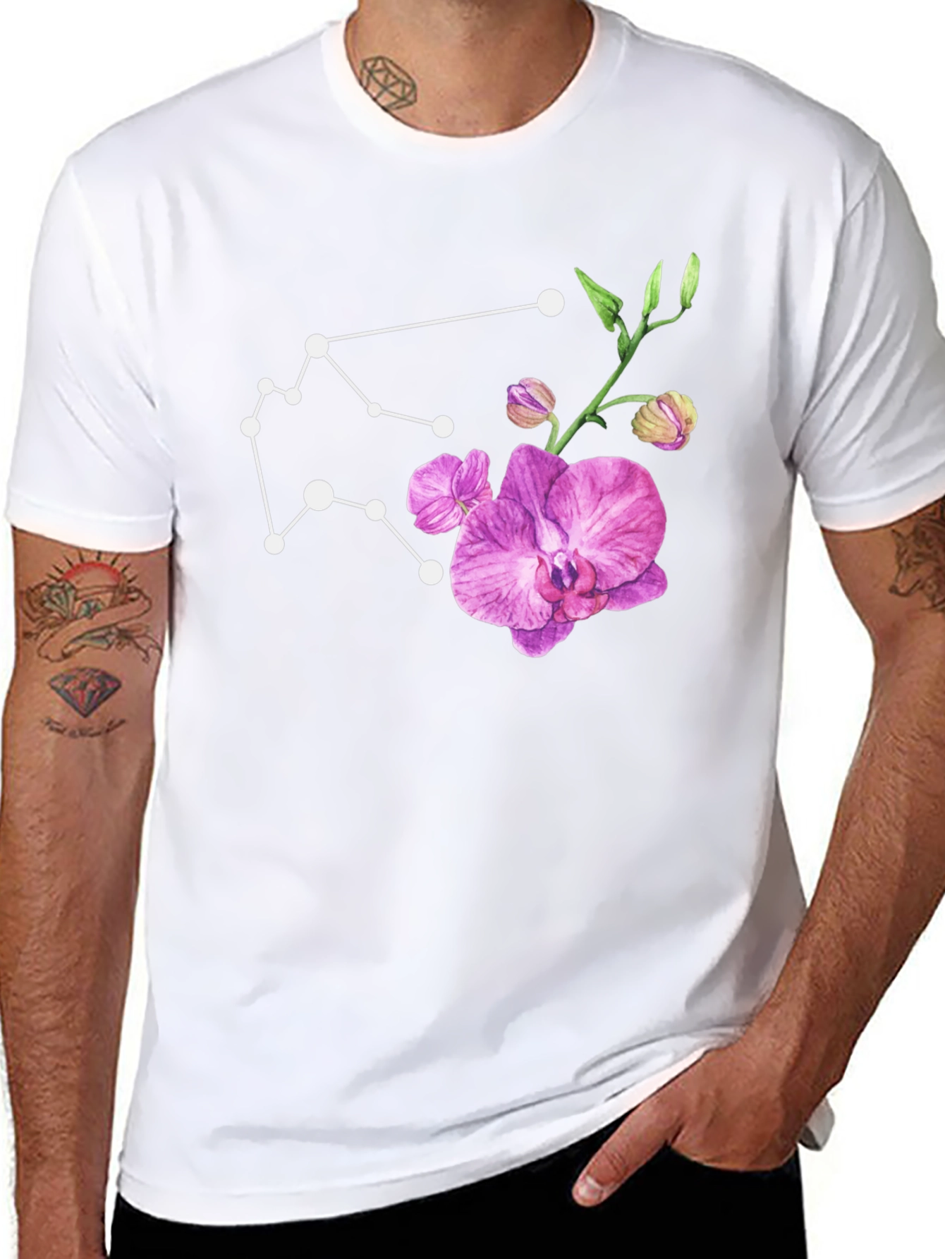 Aquarius Constellation & Orchid Black T-Shirt