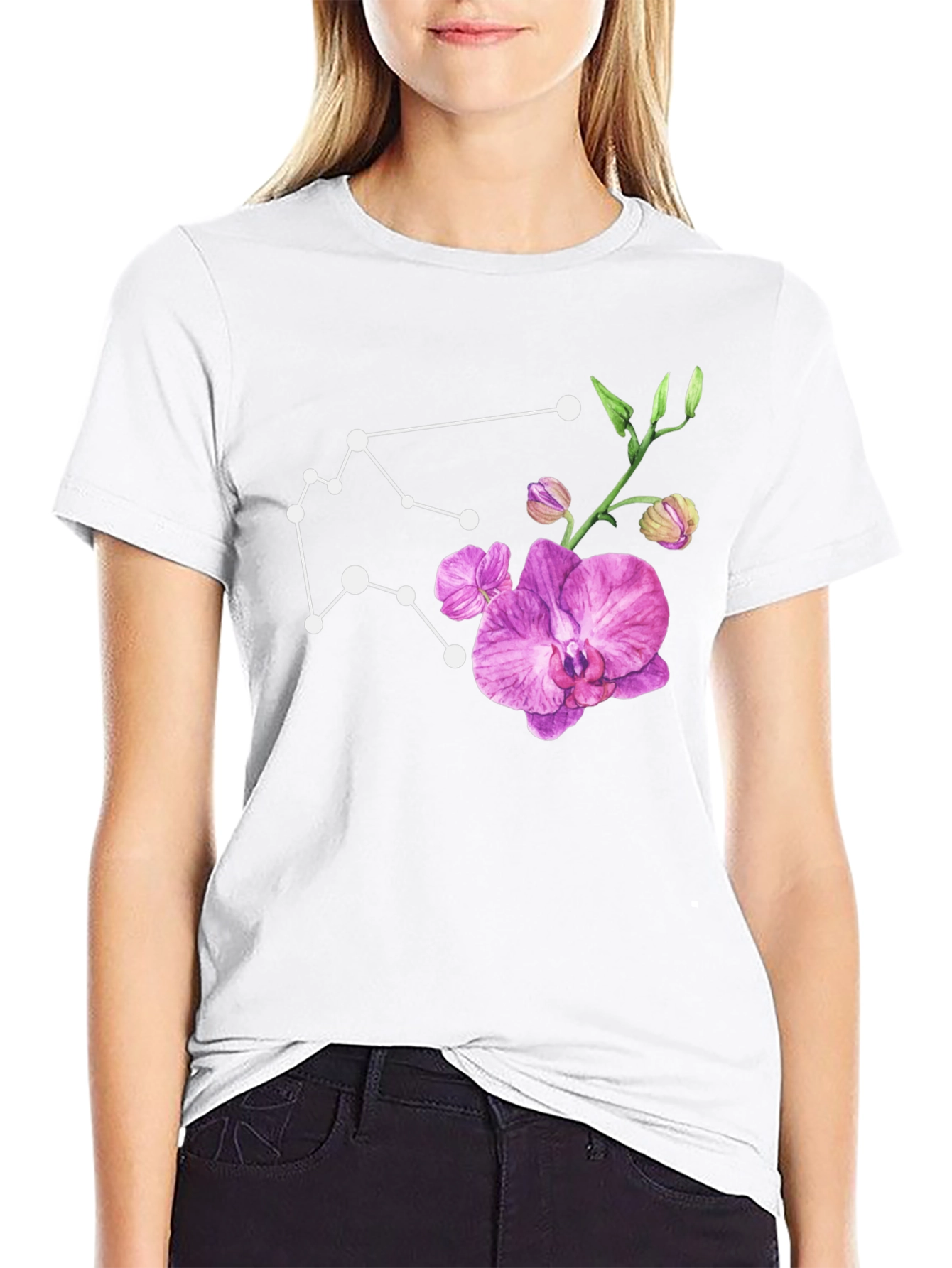 Aquarius Constellation & Orchid Black T-Shirt