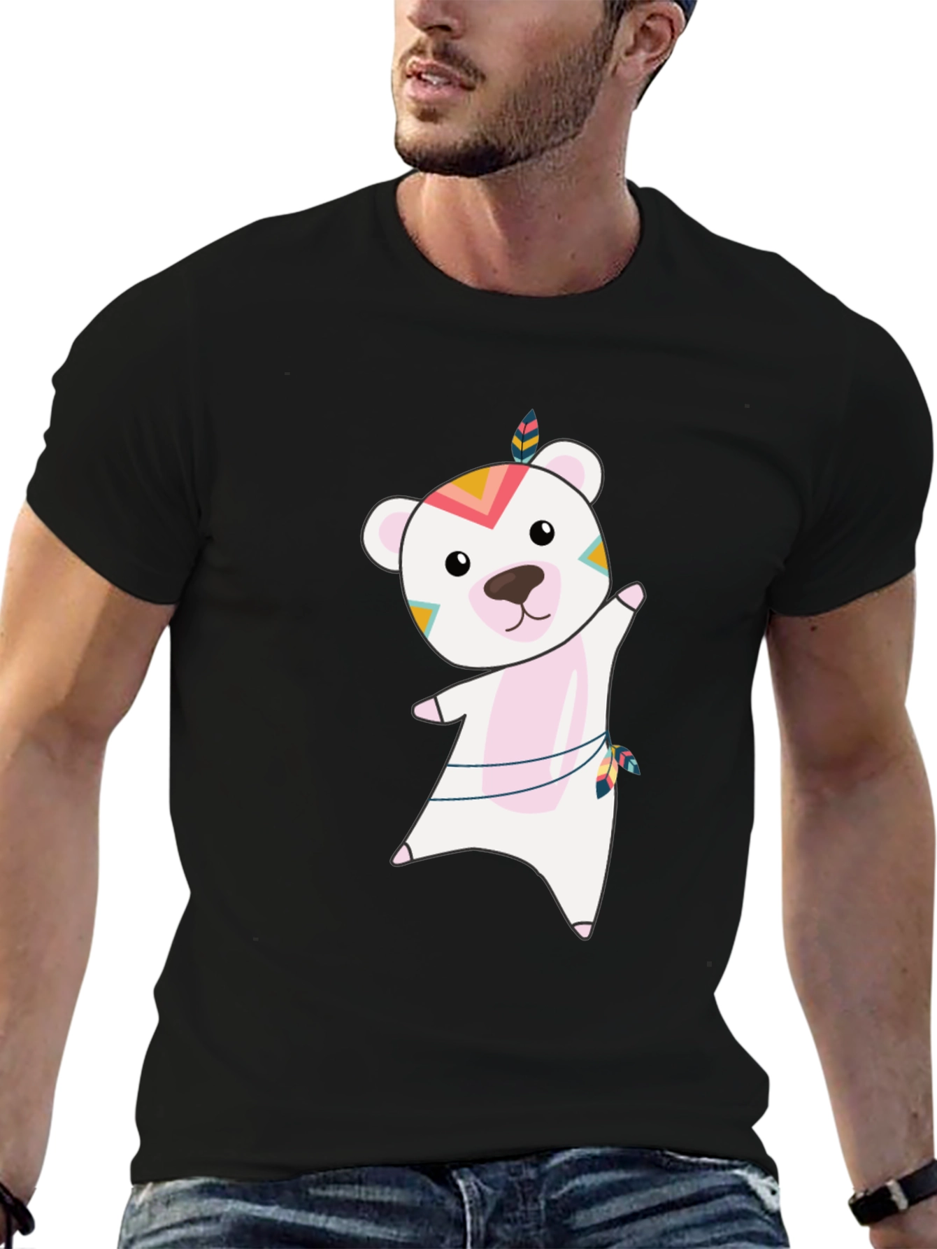 Bear Graphic Tee - Whimsical Mens Black T-Shirt