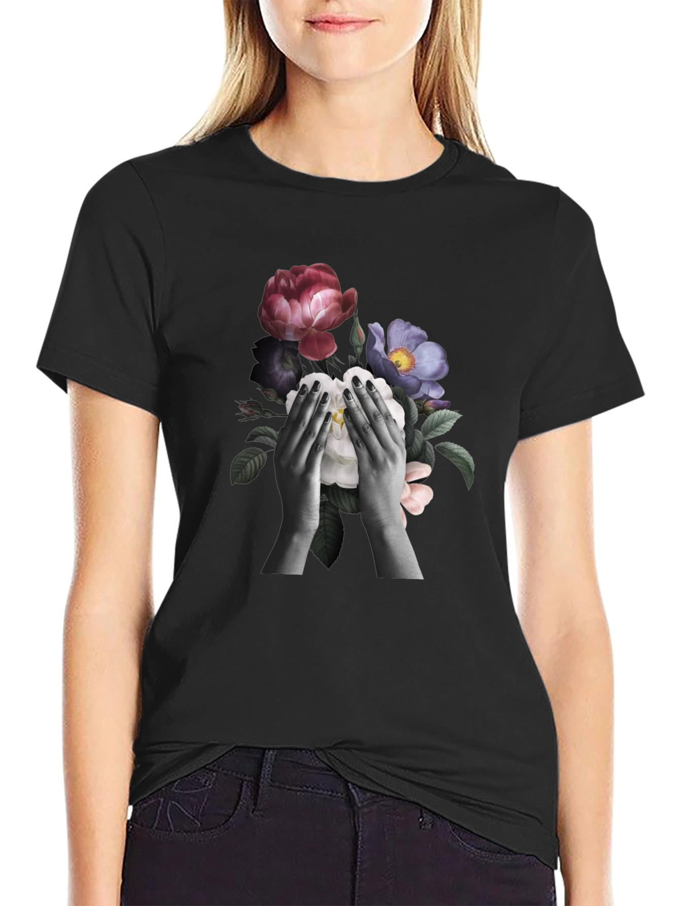 Floral Hands Graphic T-Shirt - Black