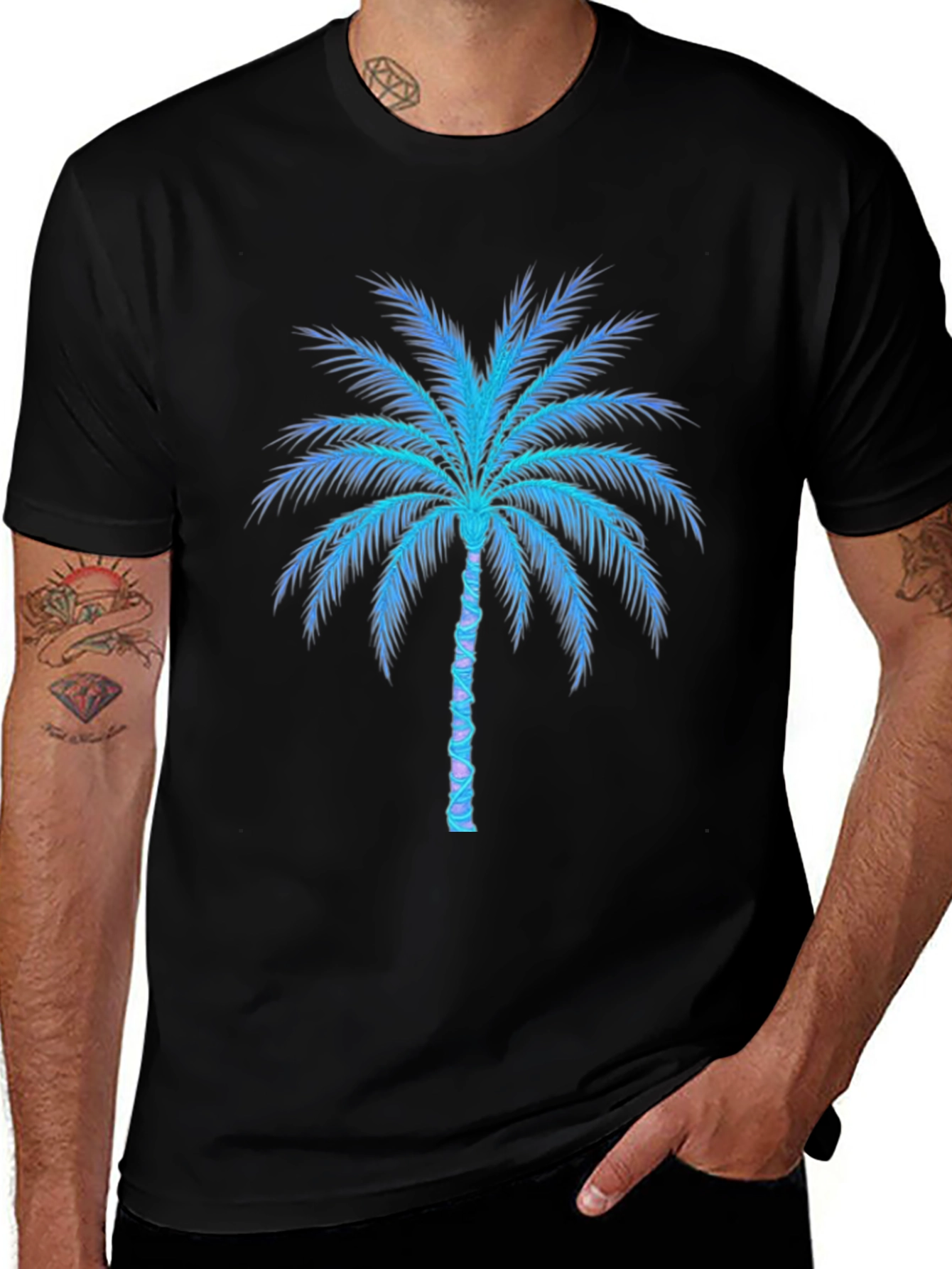 Neon Palm Tree Graphic Tee - Black Cotton Blend