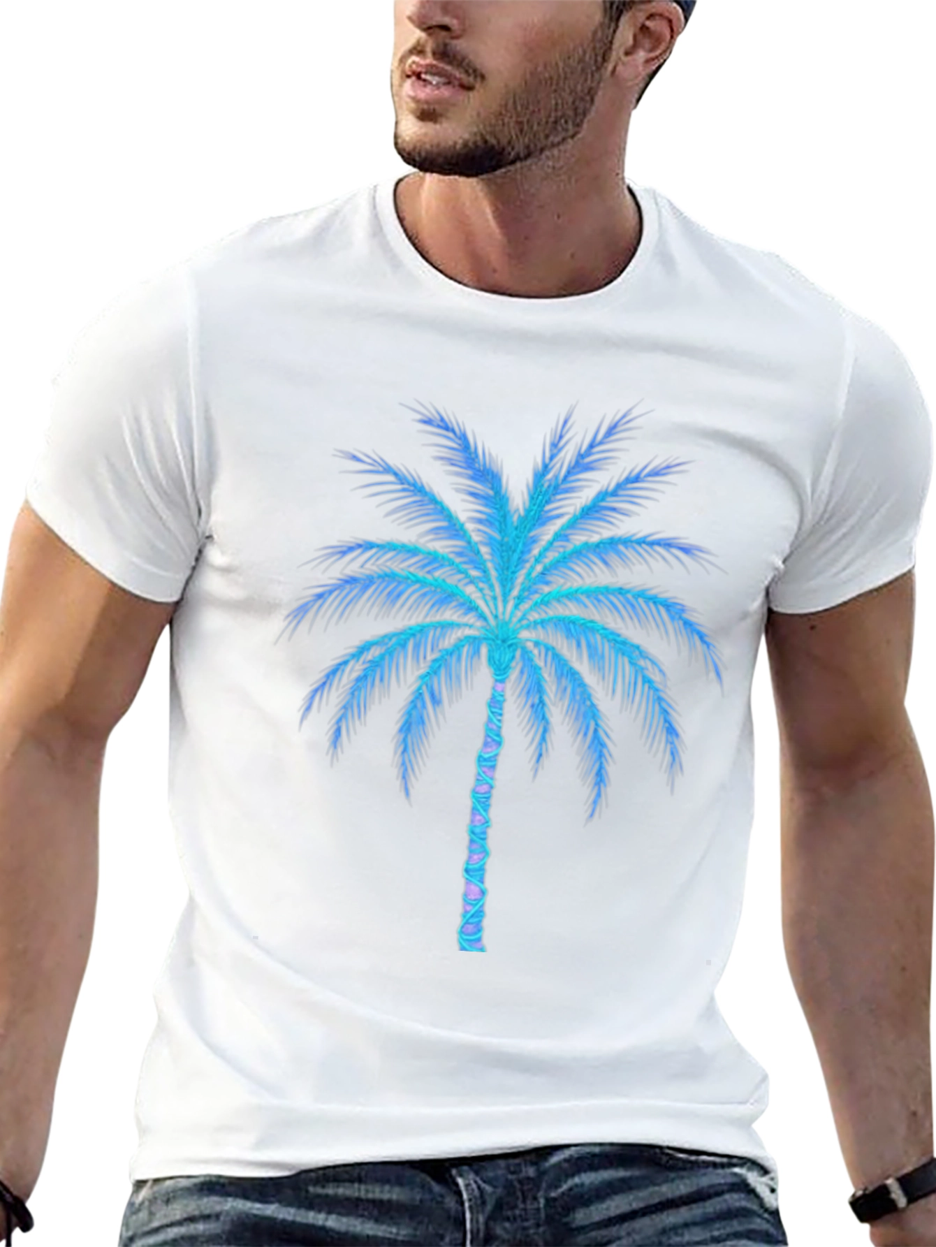 Neon Palm Tree Graphic Tee - Black Cotton Blend