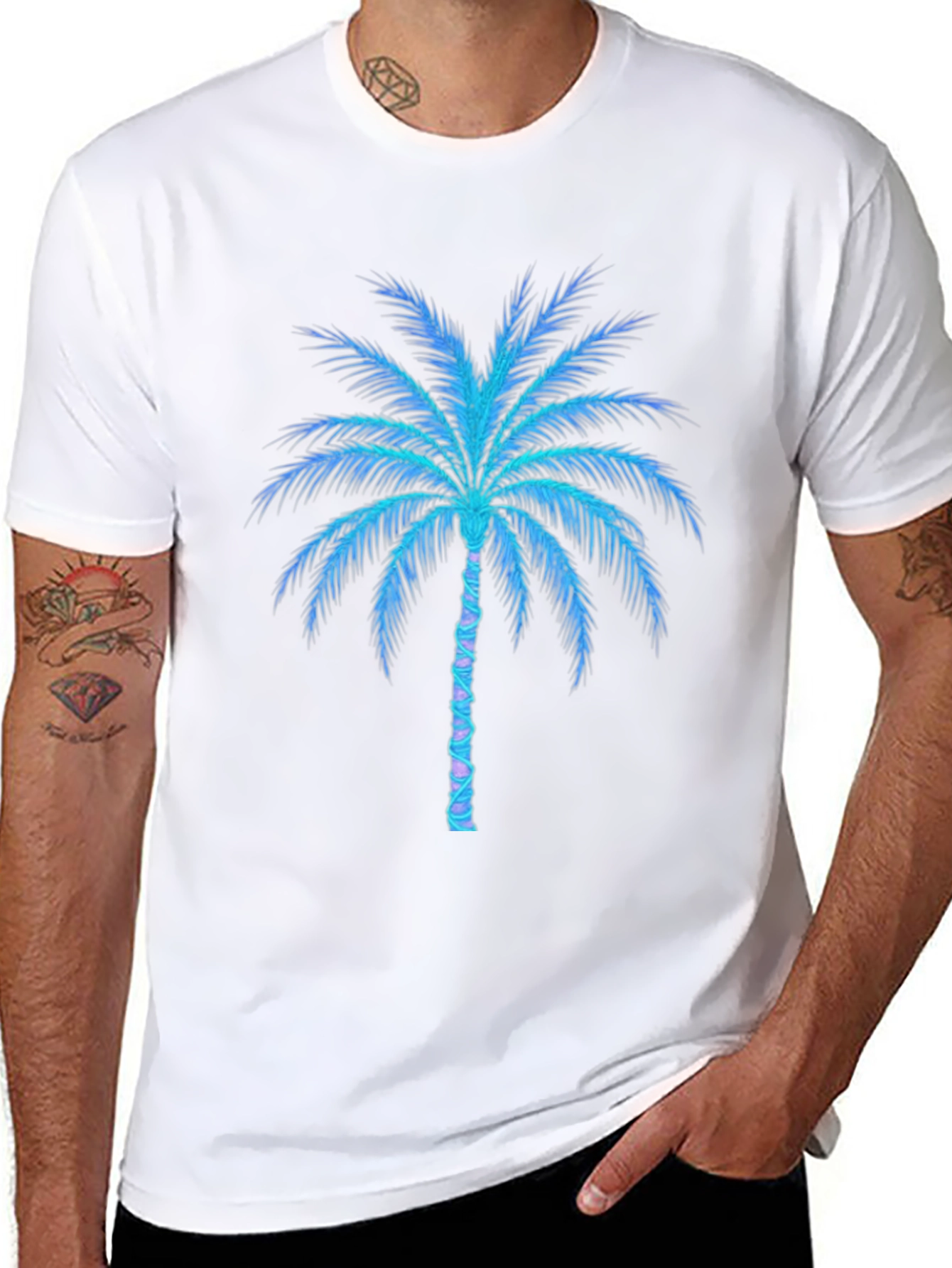 Neon Palm Tree Graphic Tee - Black Cotton Blend
