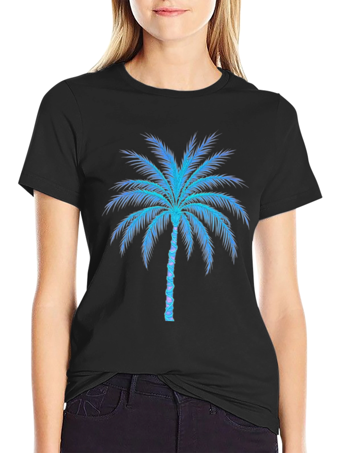 Neon Palm Tree Graphic Tee - Black Cotton Blend