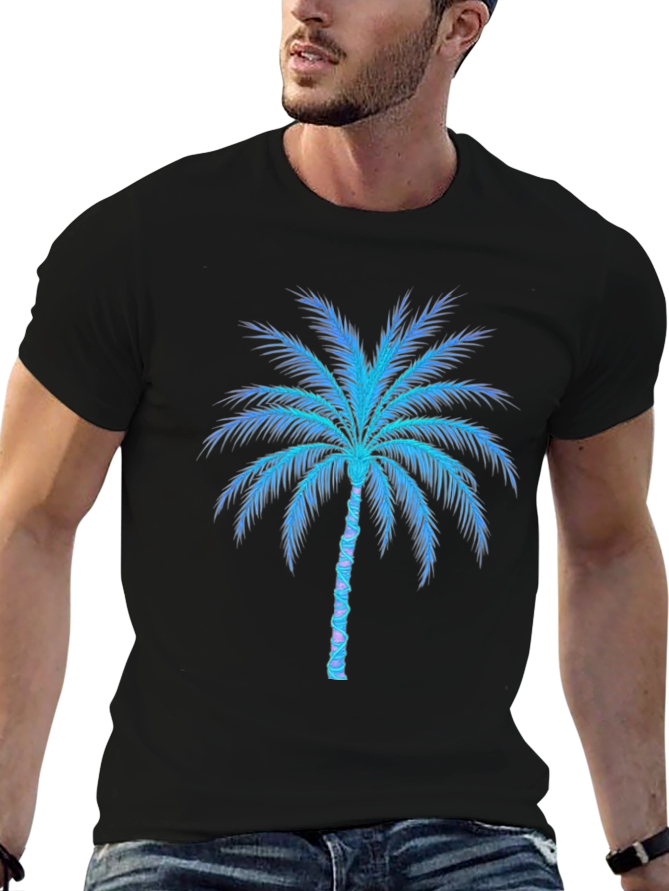 Neon Palm Tree Graphic Tee - Black Cotton Blend