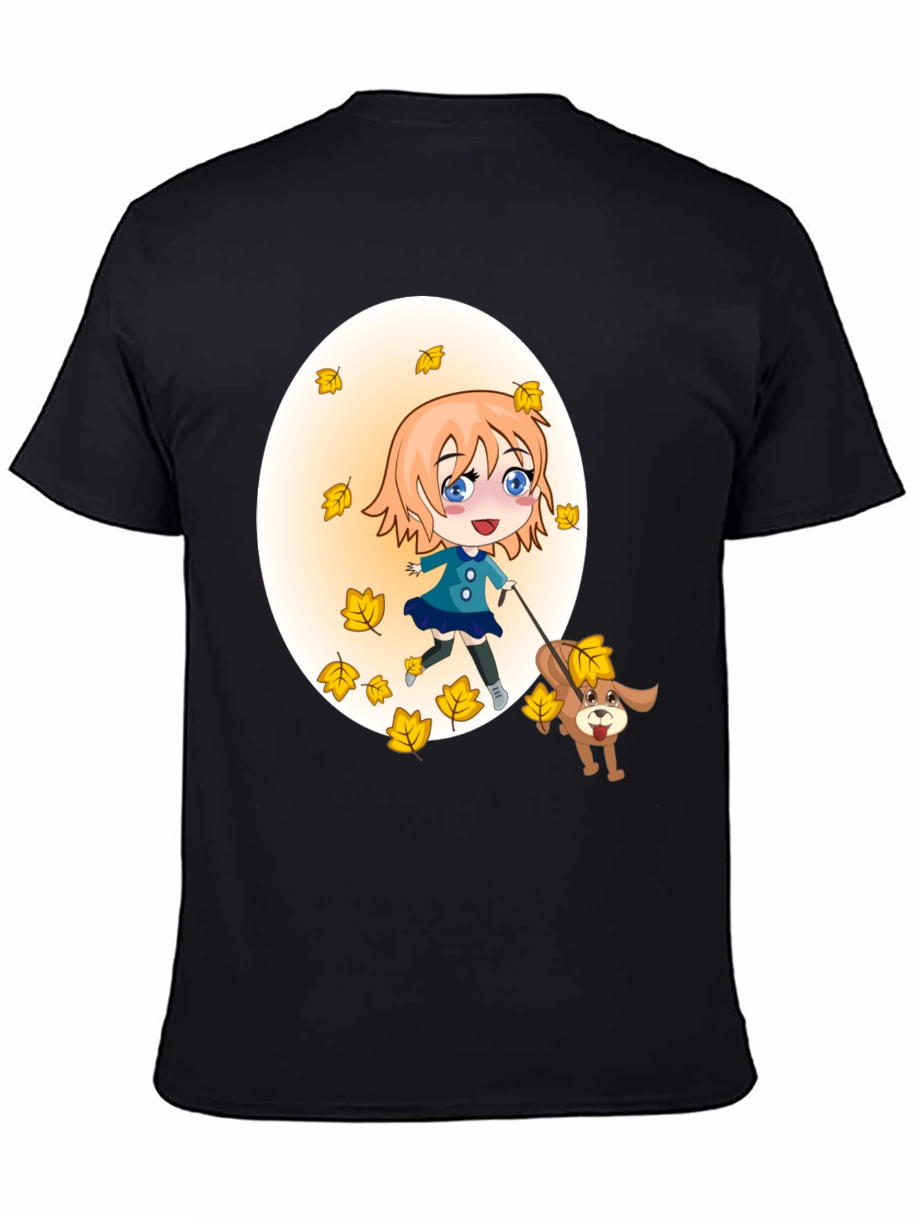 Anime Girl & Dog Autumn Leaves Black T-Shirt