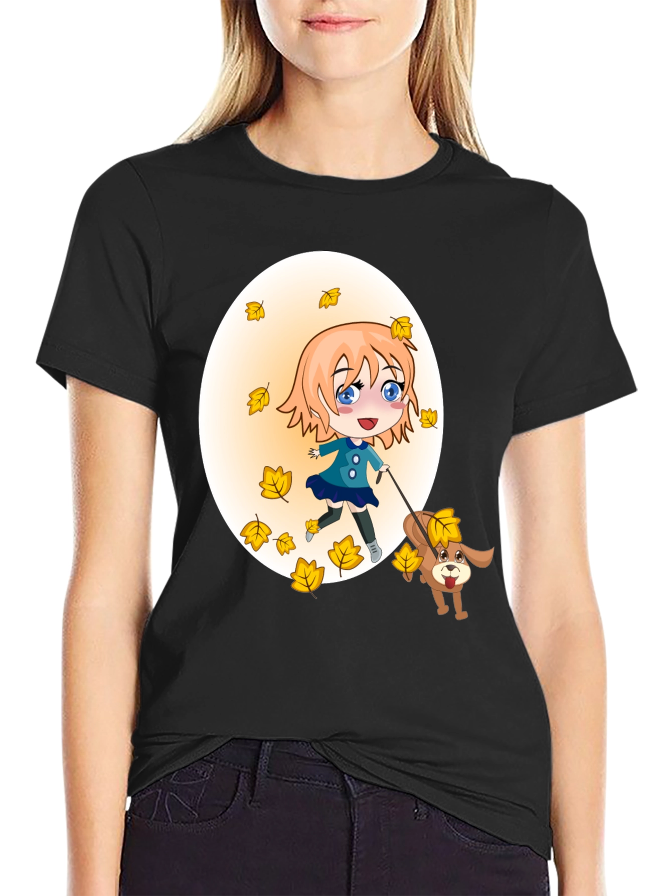 Anime Girl & Dog Autumn Leaves Black T-Shirt