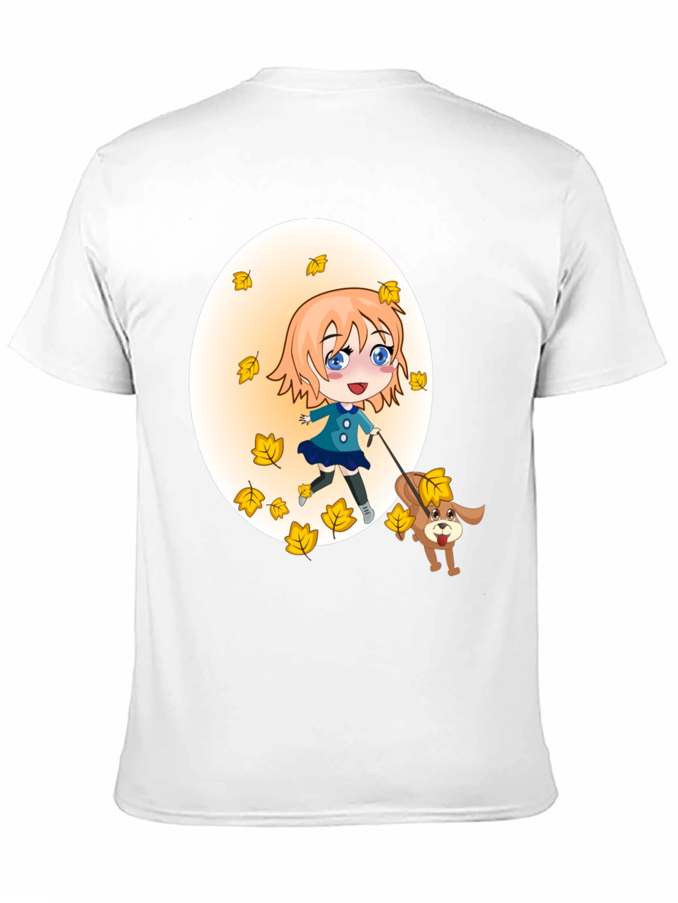 Anime Girl & Dog Autumn Leaves Black T-Shirt