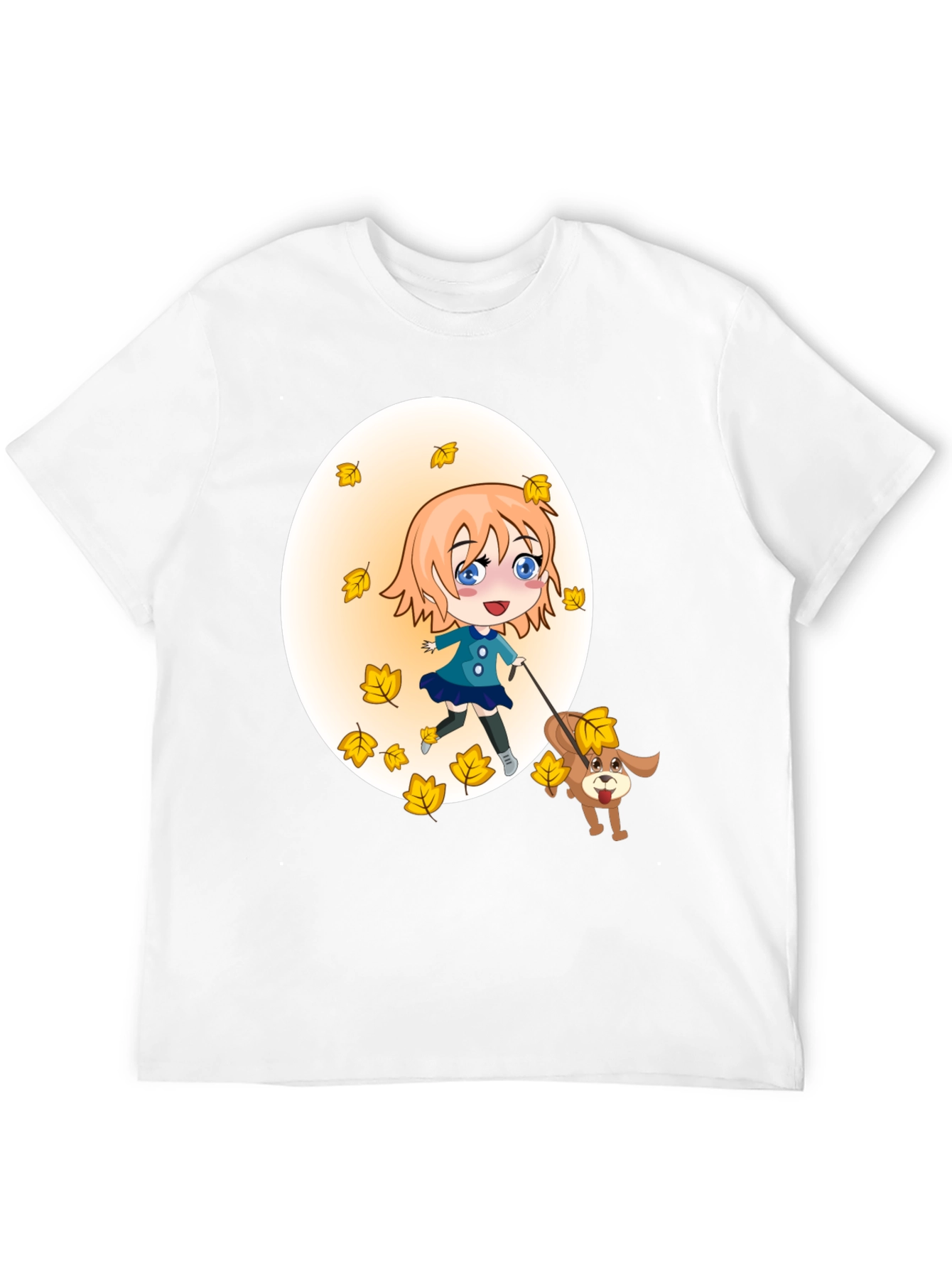Anime Girl & Dog Autumn Leaves Black T-Shirt