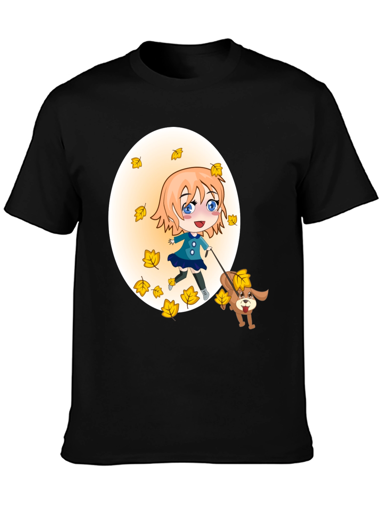 Anime Girl & Dog Autumn Leaves Black T-Shirt
