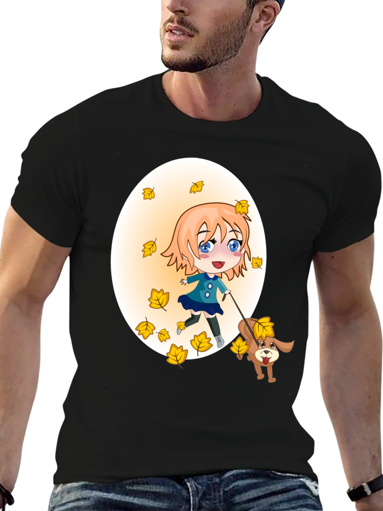 Anime Girl & Dog Autumn Leaves Black T-Shirt