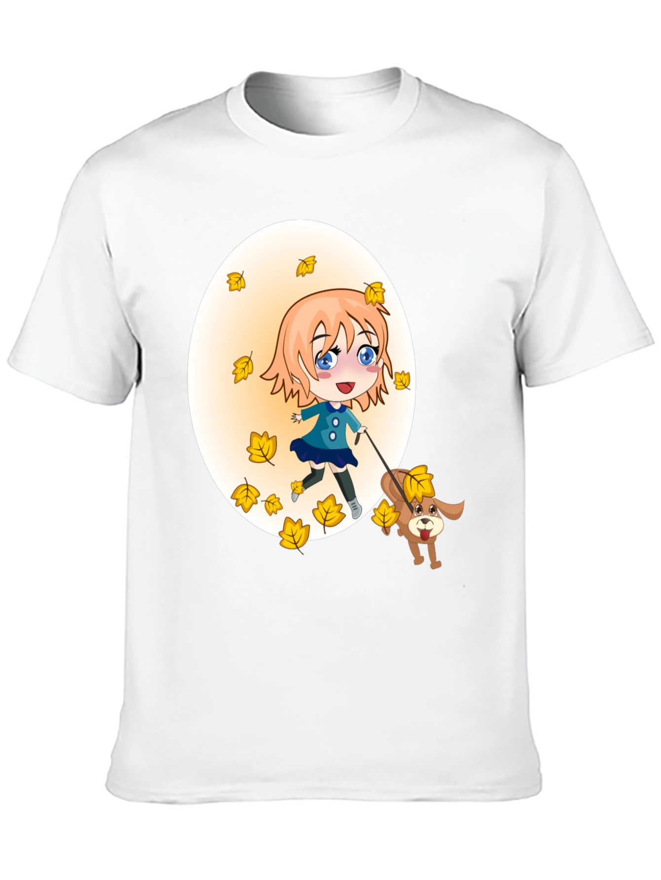 Anime Girl & Dog Autumn Leaves Black T-Shirt