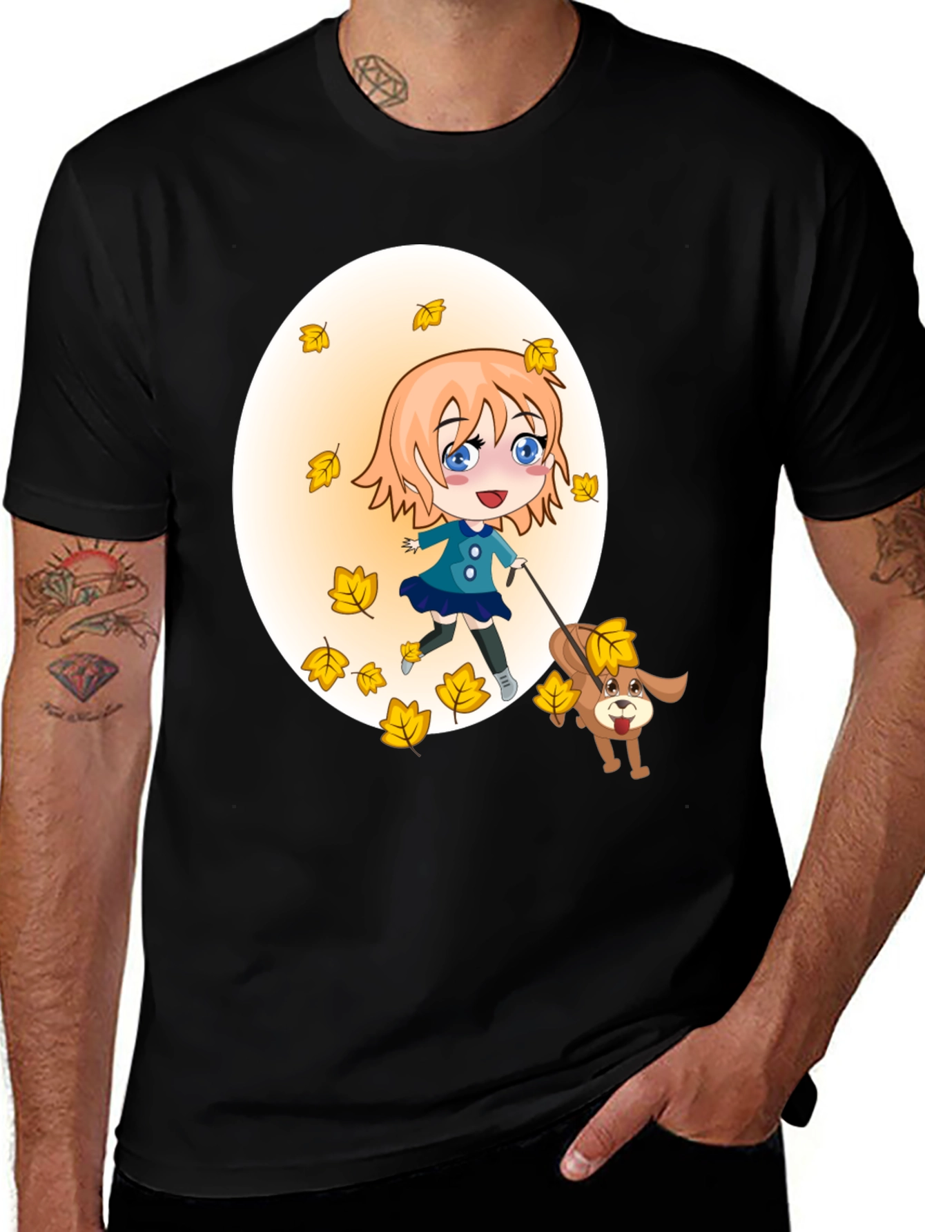 Anime Girl & Dog Autumn Leaves Black T-Shirt