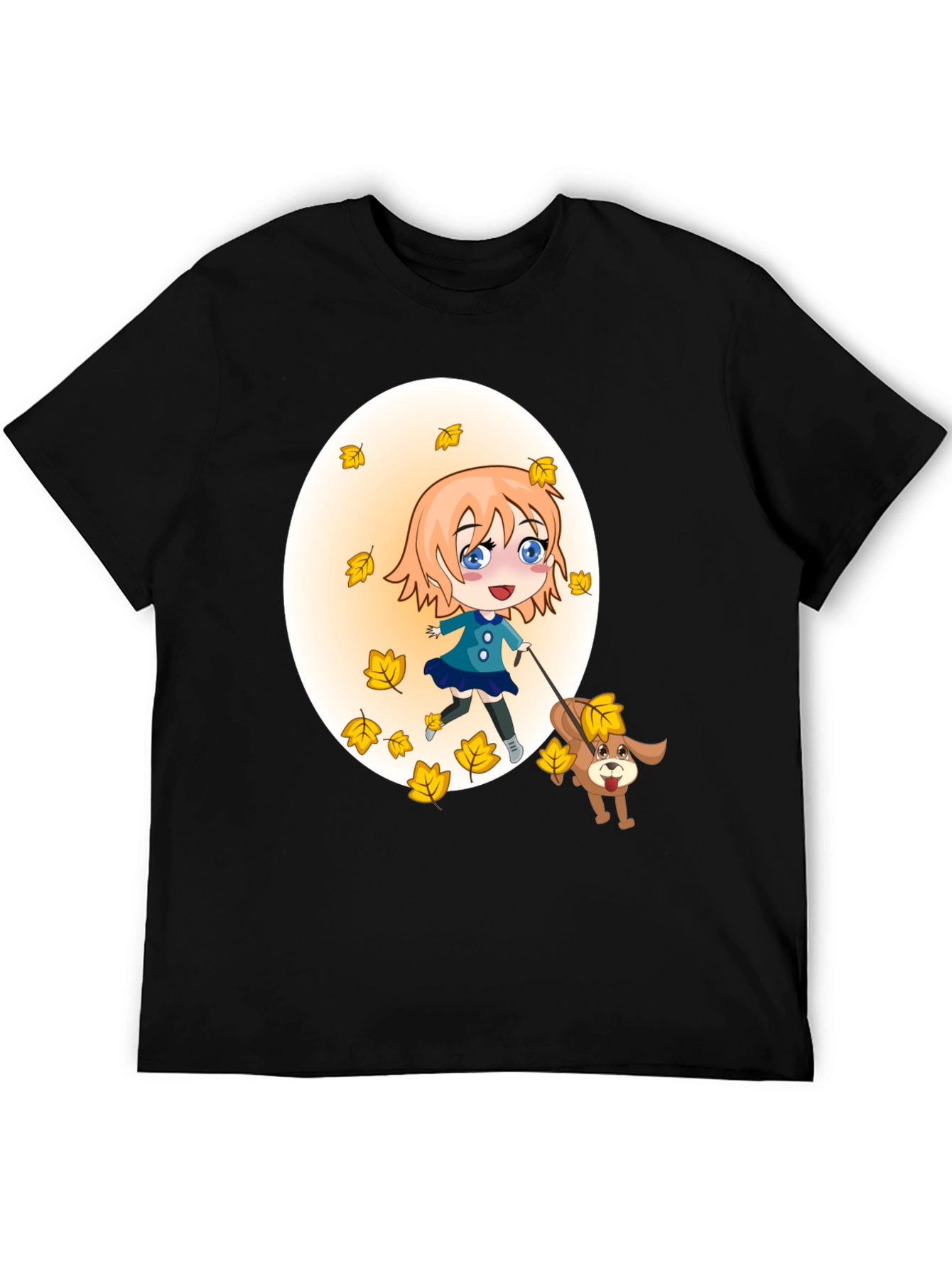 Anime Girl & Dog Autumn Leaves Black T-Shirt