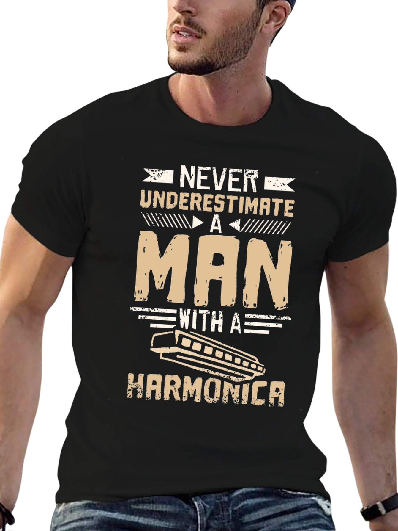 Harmonica Man Graphic Tee - Black Cotton Shirt