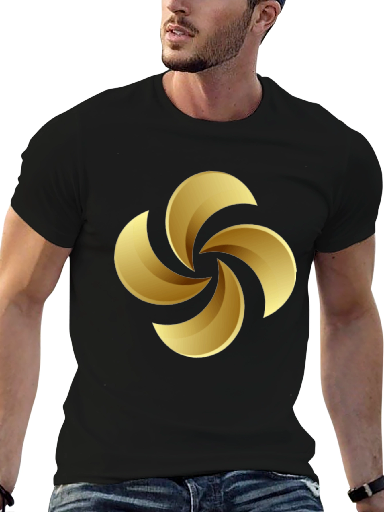 Golden Swirl Graphic Tee - Black Cotton Casual