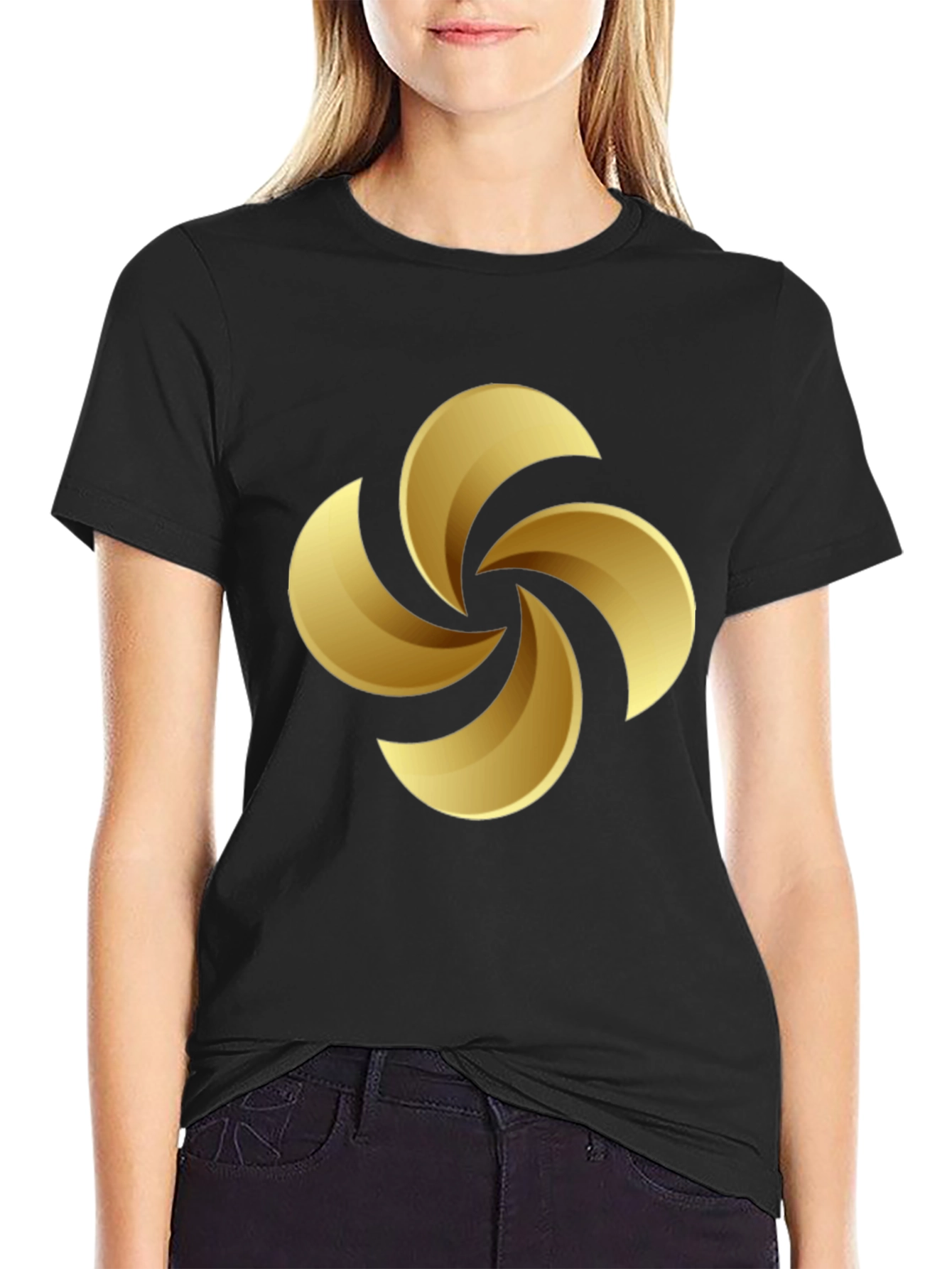 Golden Swirl Graphic Tee - Black Cotton Casual