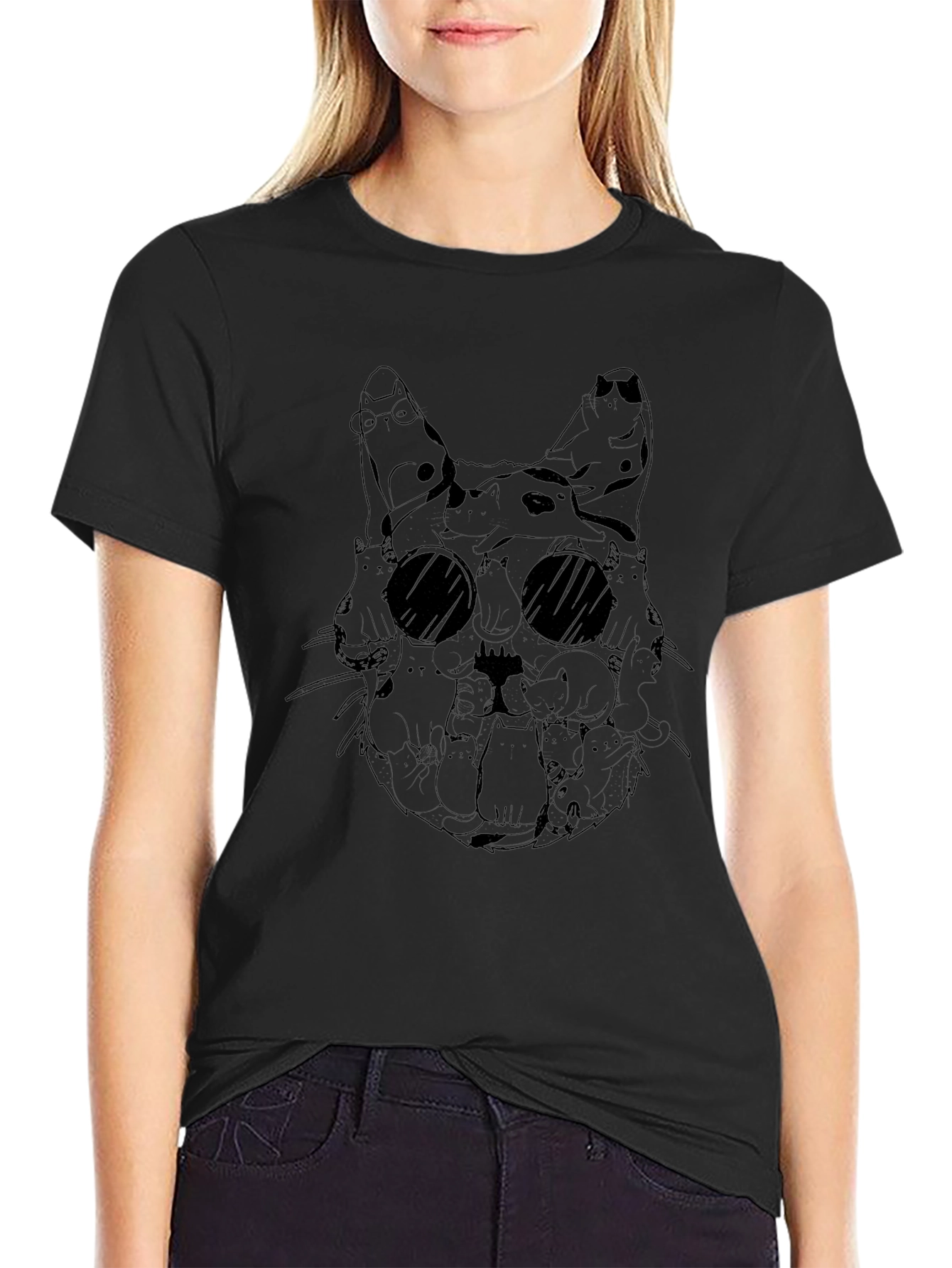 Cat Collage Graphic Tee - Black Crew Neck