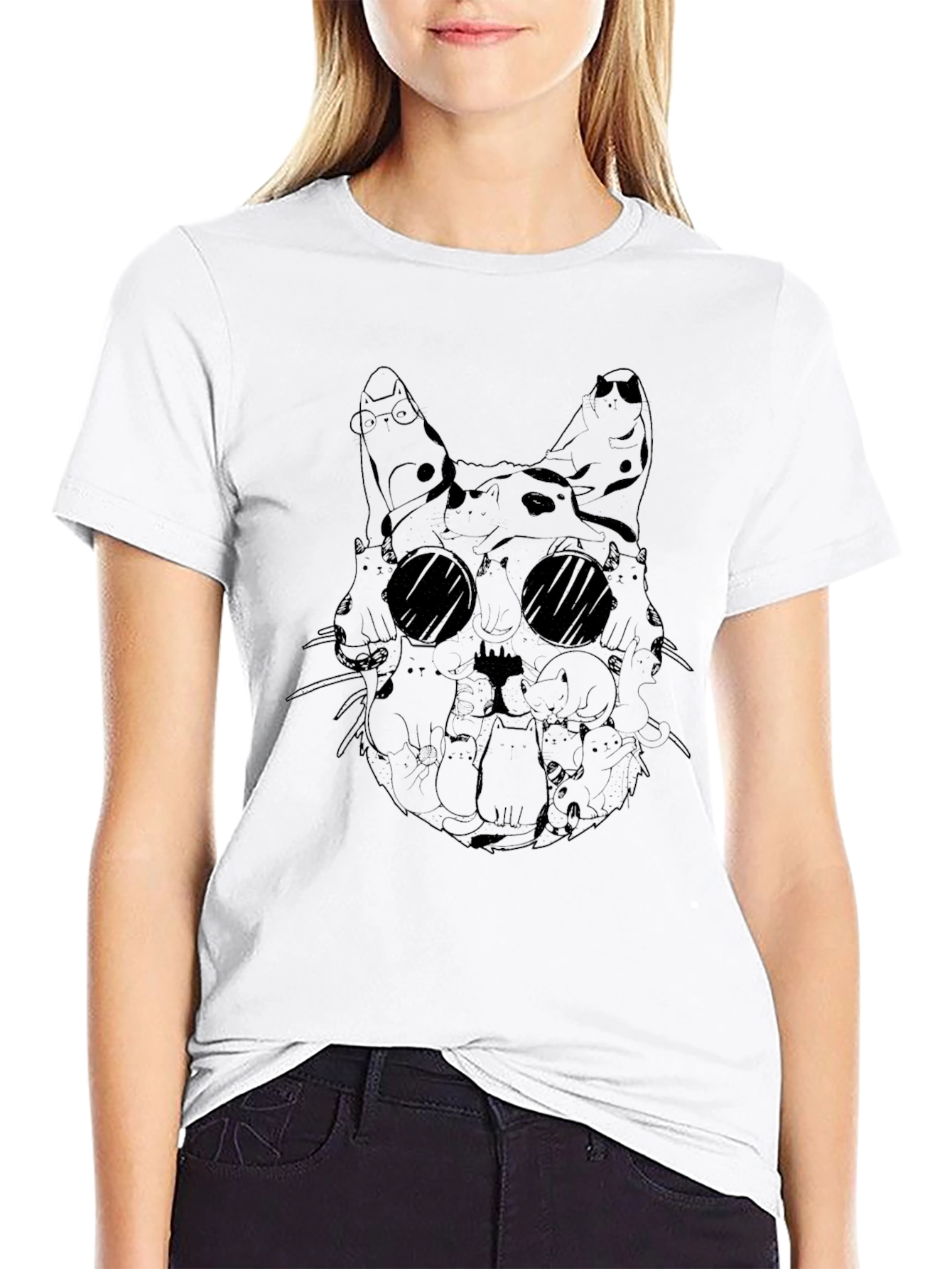 Cat Collage Graphic Tee - Black Crew Neck