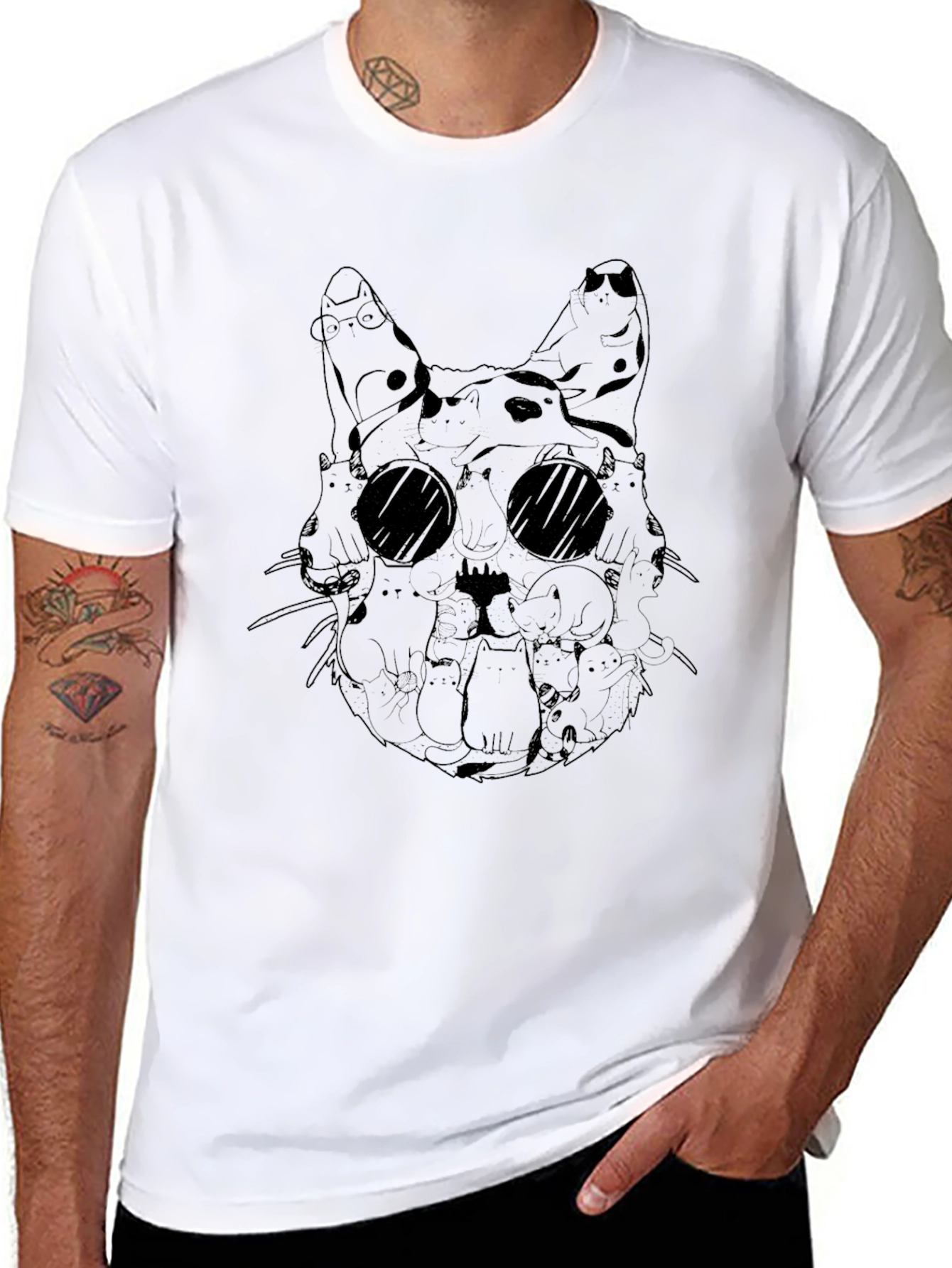Cat Collage Graphic Tee - Black Crew Neck