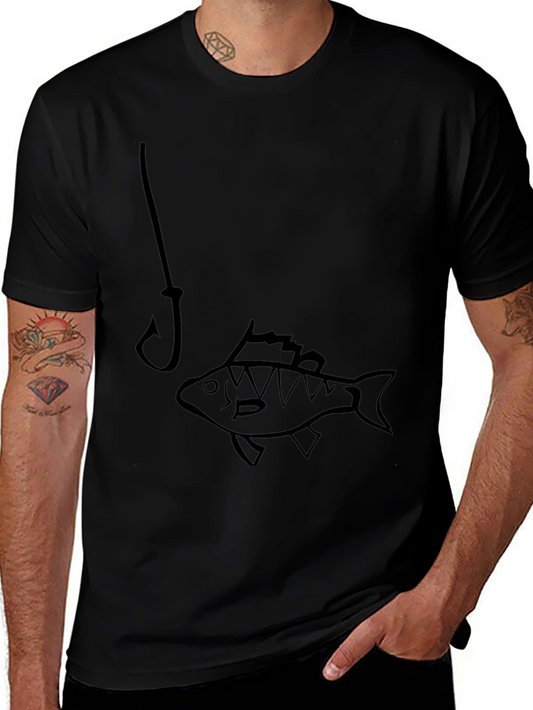 Fishing Hook and Fish Graphic Tee - Mens Black T-Shirt