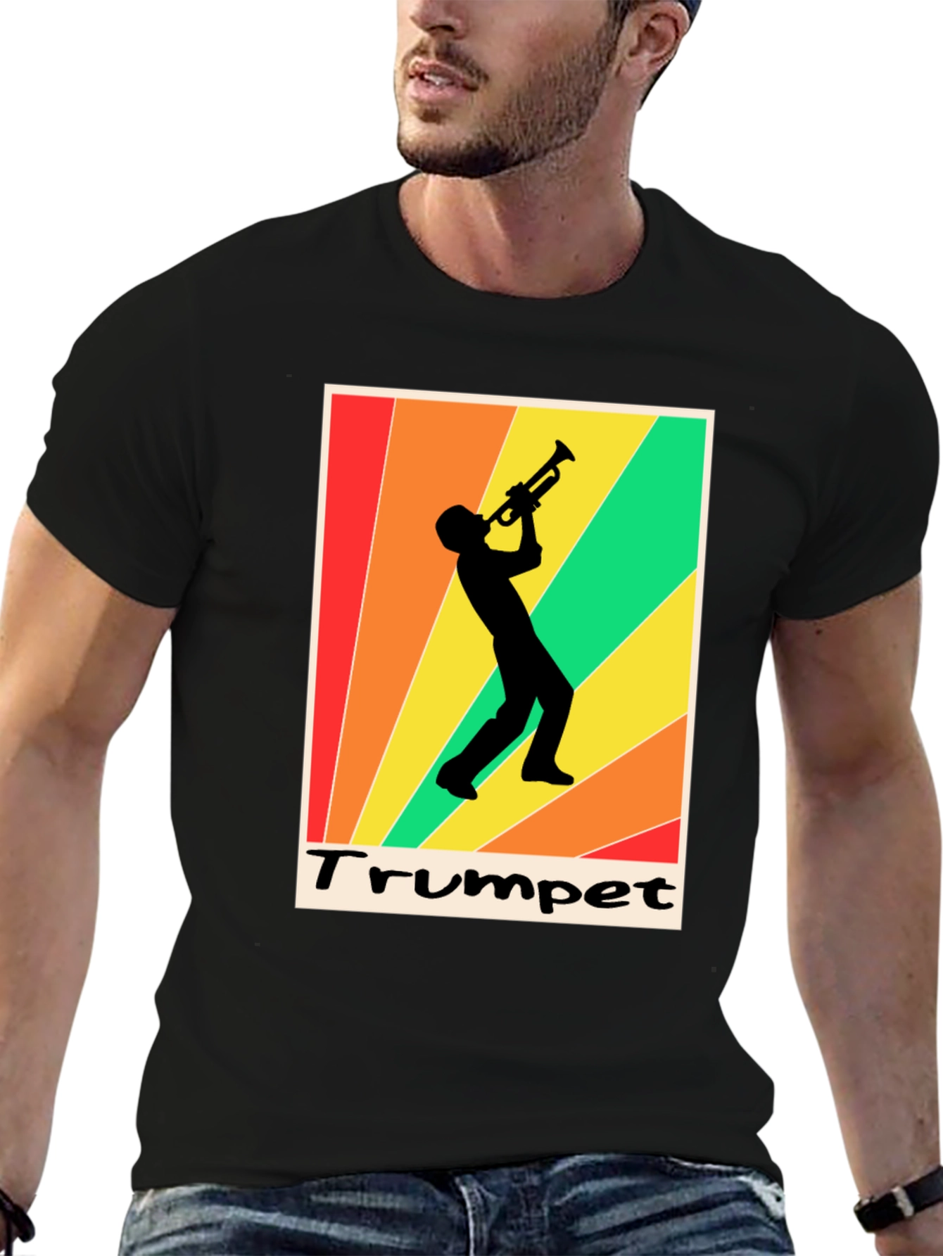 Retro Trumpet Player Graphic Tee - Black Cotton T-Shirt