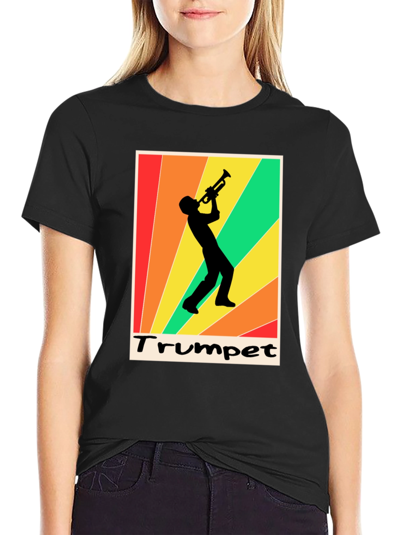 Retro Trumpet Player Graphic Tee - Black Cotton T-Shirt