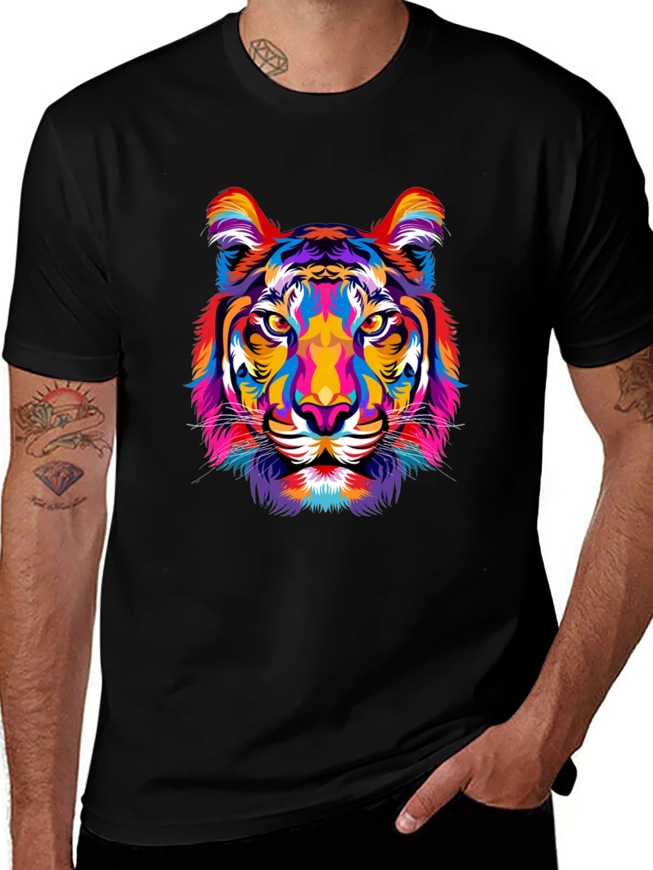 Vibrant Tiger Graphic Print Mens Black T-Shirt