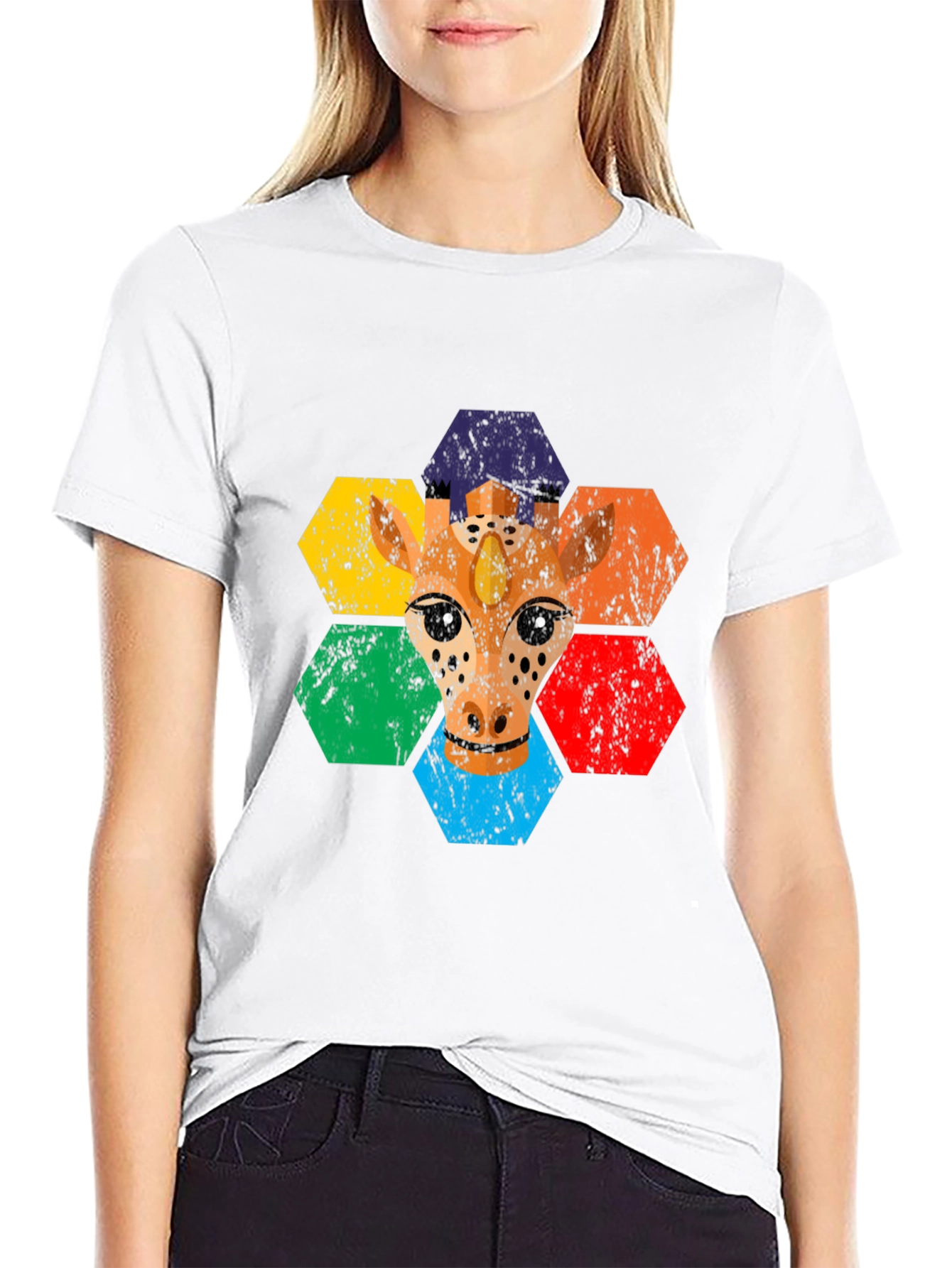 Rainbow Giraffe Hexagon T-Shirt