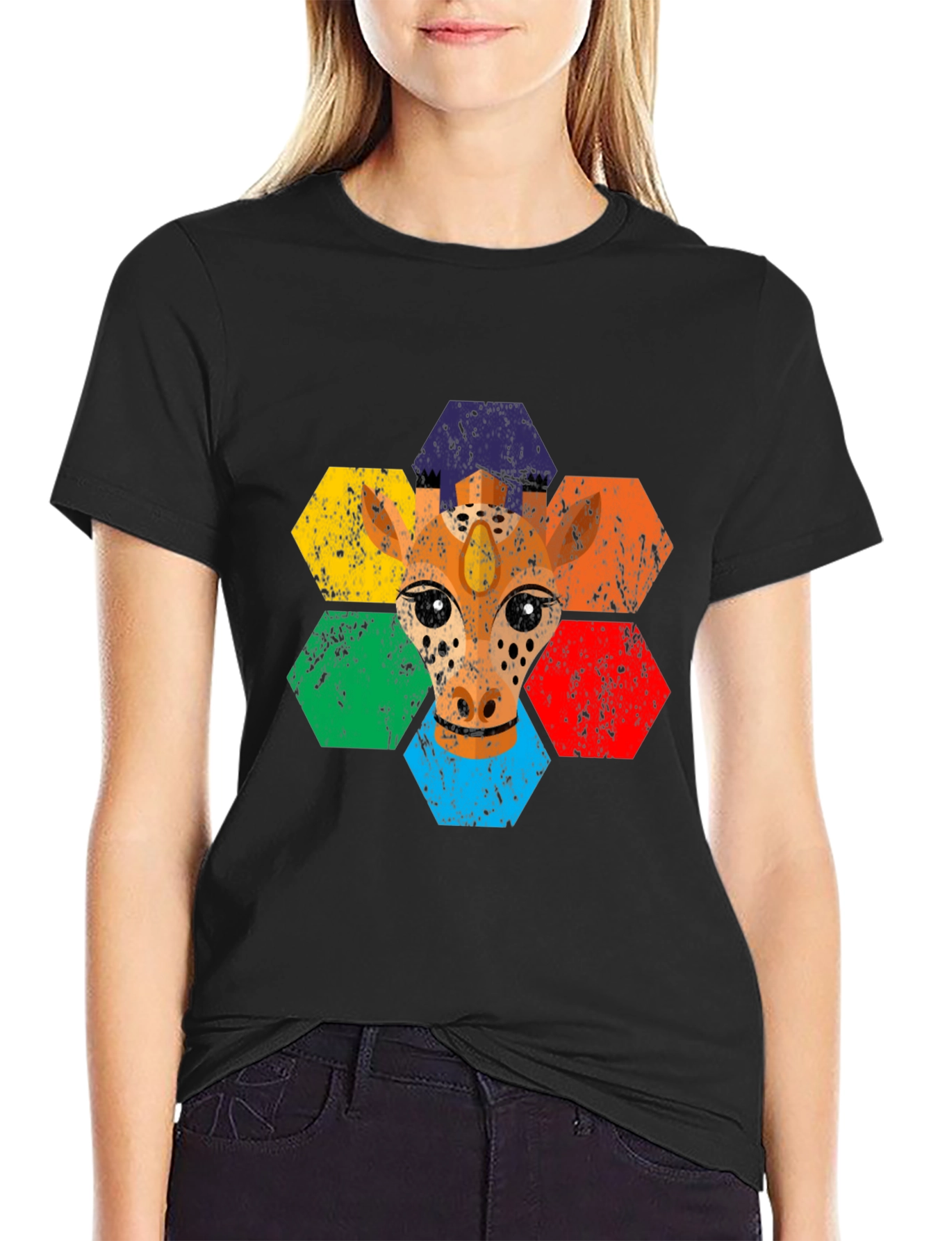Rainbow Giraffe Hexagon T-Shirt