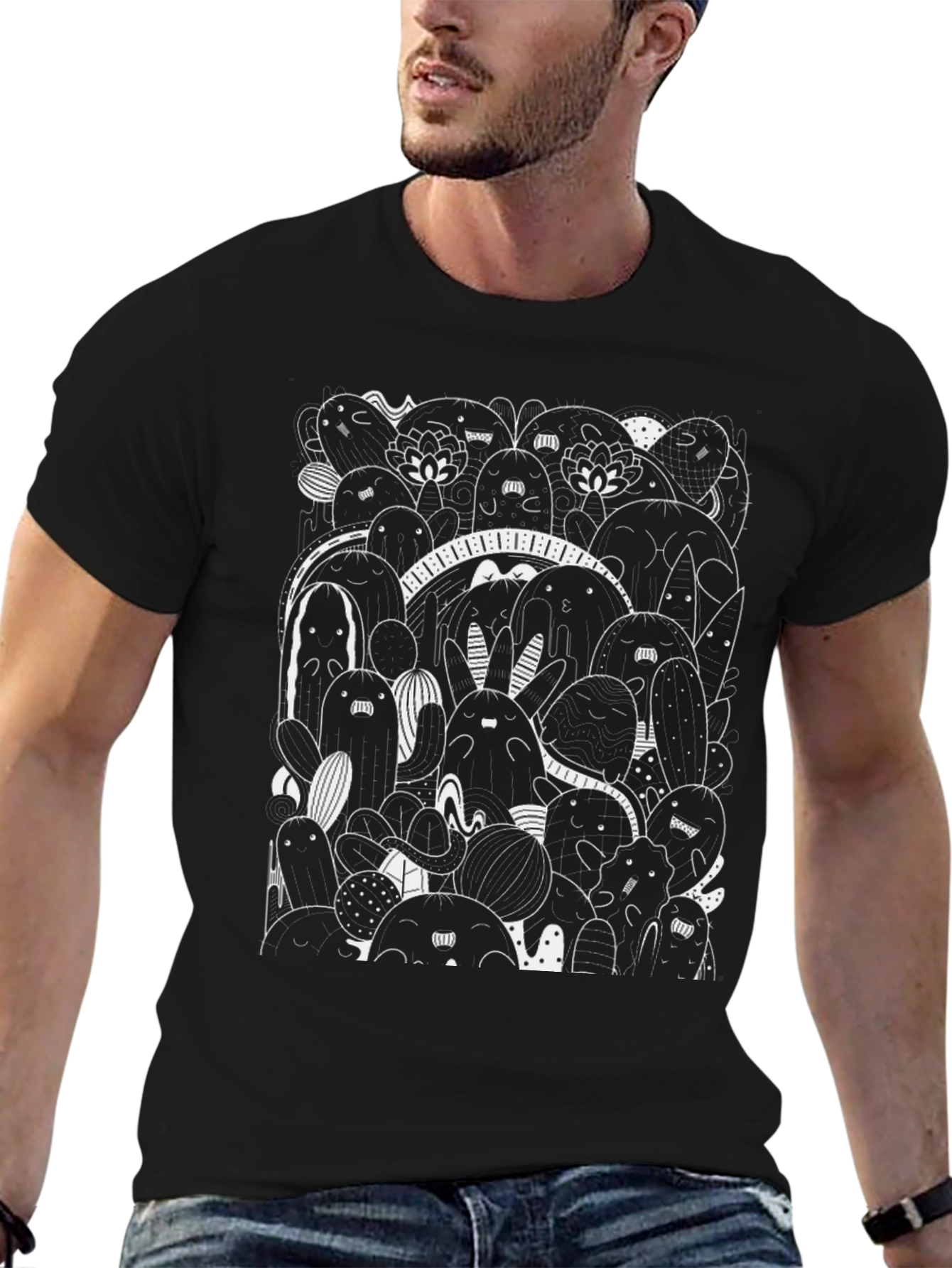 Doodle Creature Graphic Tee - Black Cotton T-Shirt