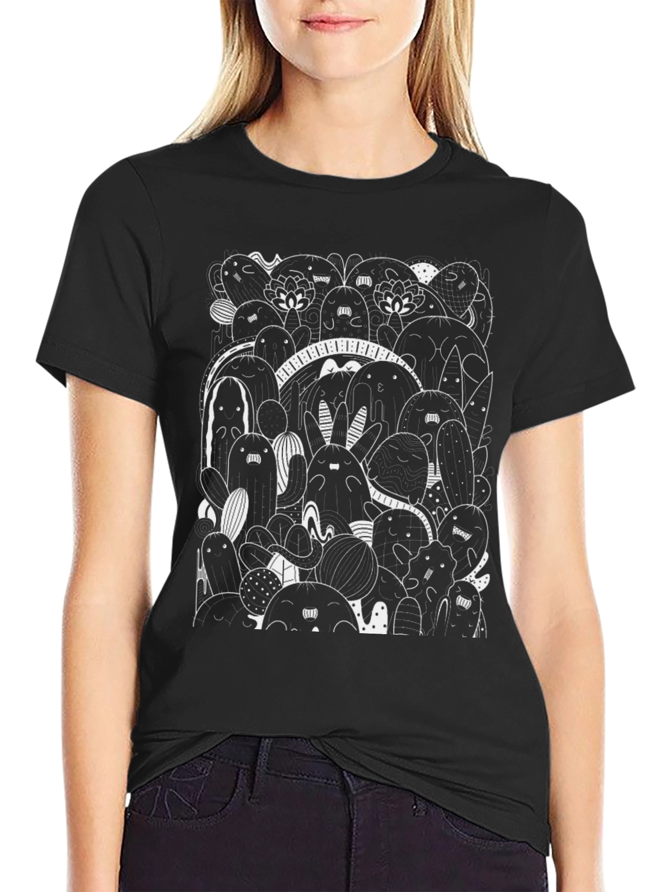 Doodle Creature Graphic Tee - Black Cotton T-Shirt
