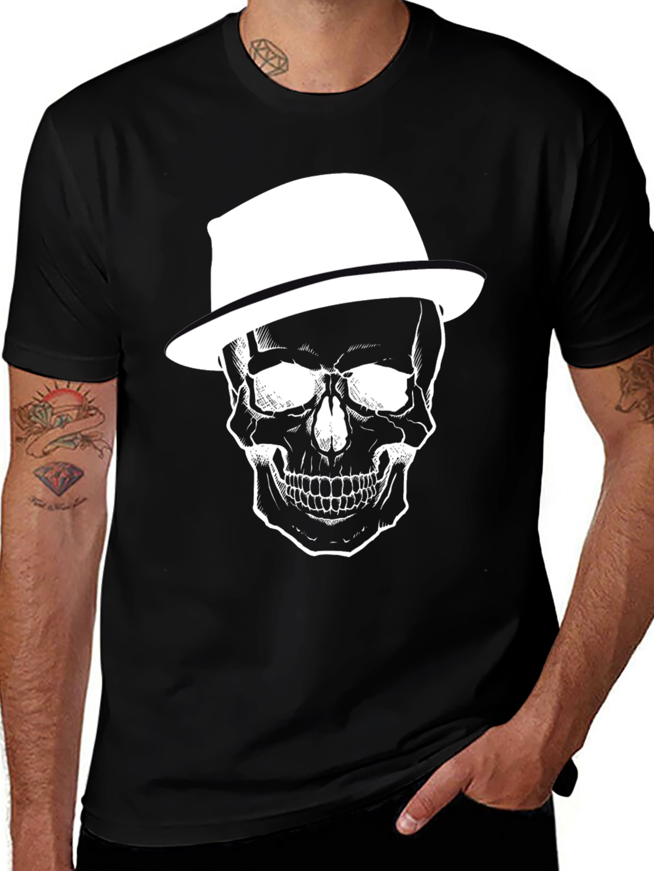 Skull with Hat Graphic Print Mens T-Shirt