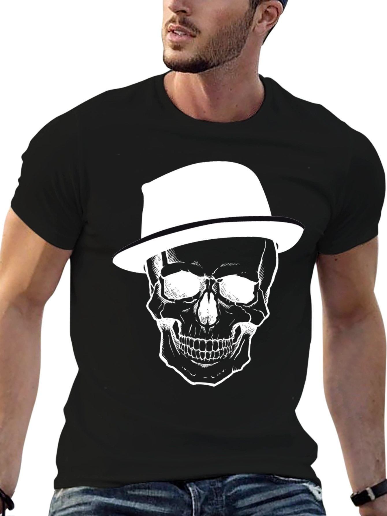 Skull with Hat Graphic Print Mens T-Shirt