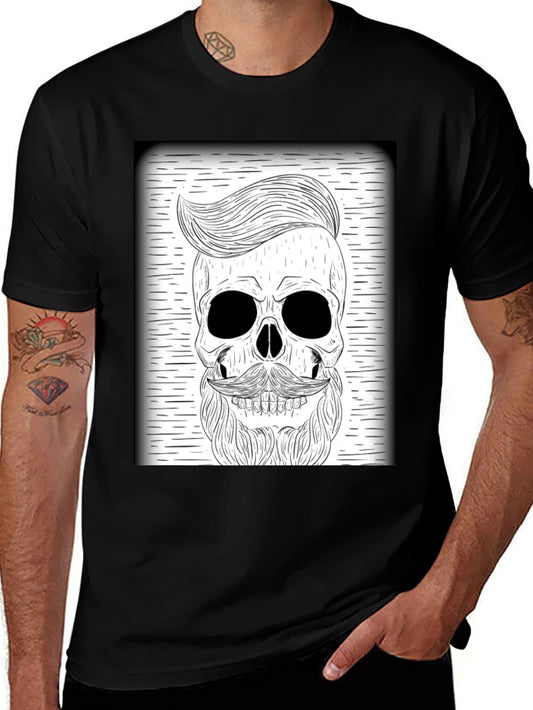 Skull with Beard Graphic Tee - Black Cotton Casual T-Shirt
