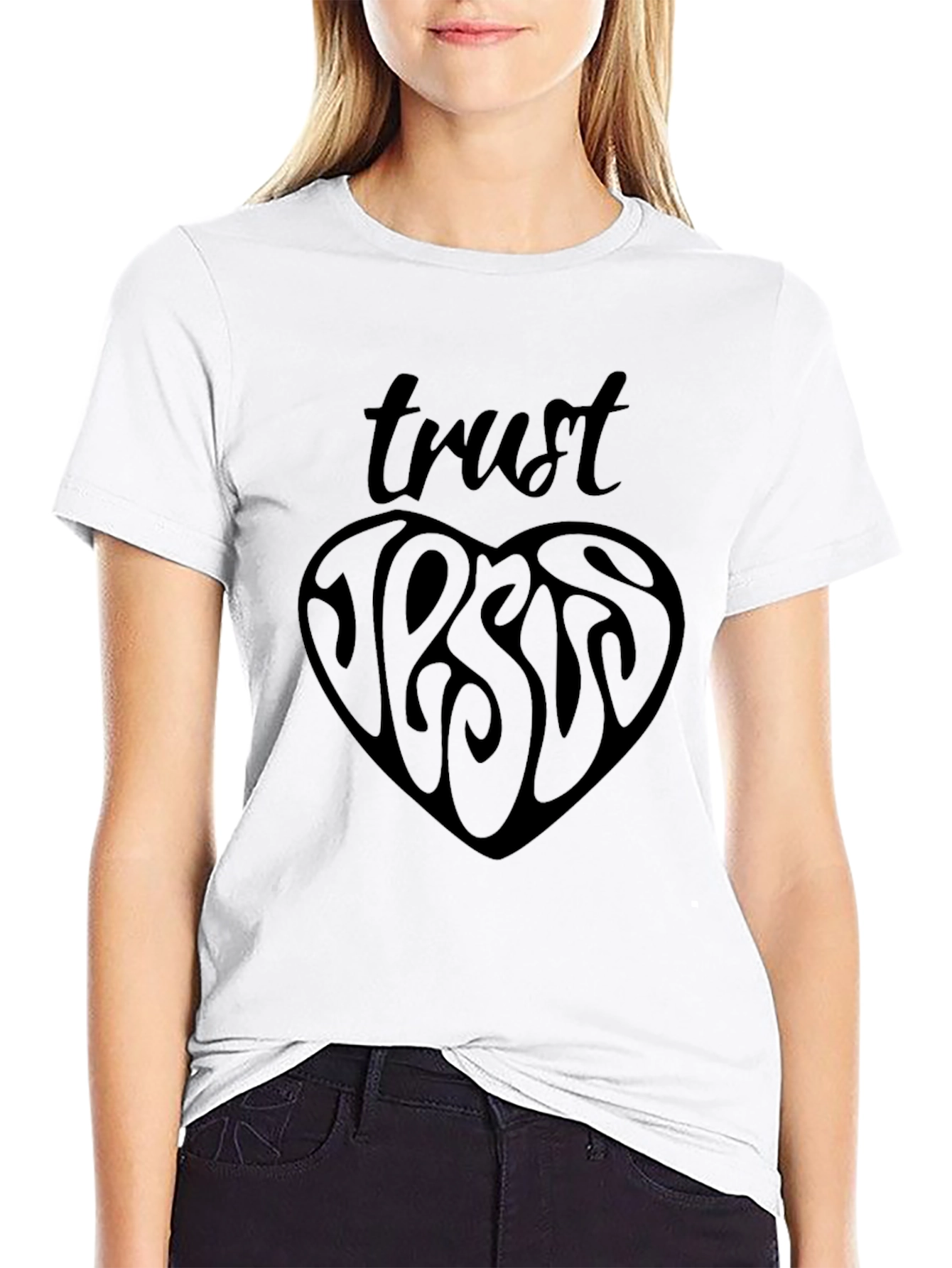 Trust Jesus Heart Graphic Black T-Shirt