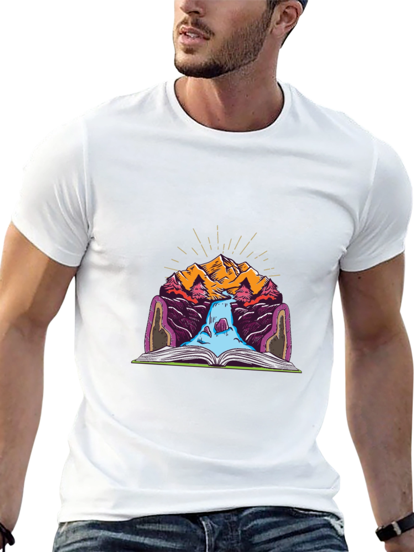Mountain Book Waterfall Graphic T-Shirt