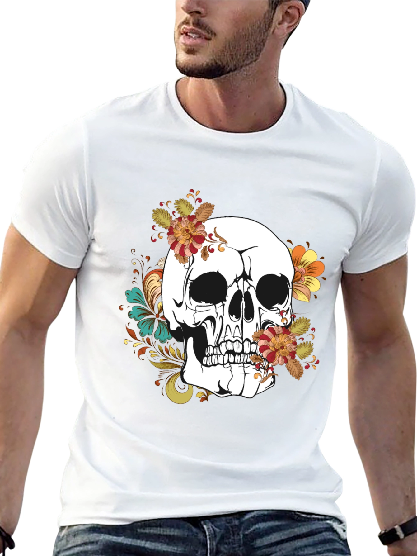Floral Skull Graphic T-Shirt - Mens