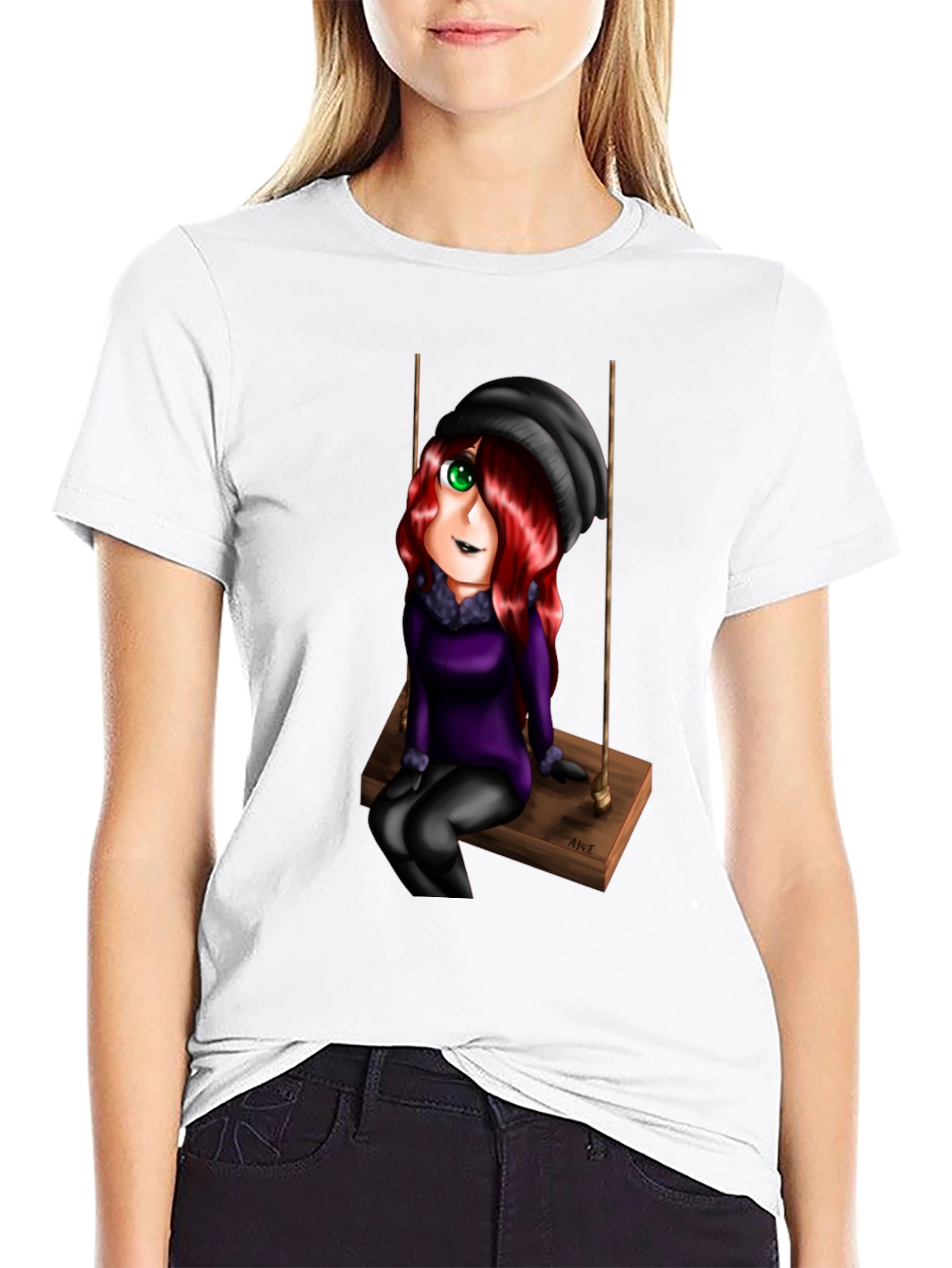 Cartoon Girl on Swing Graphic T-Shirt