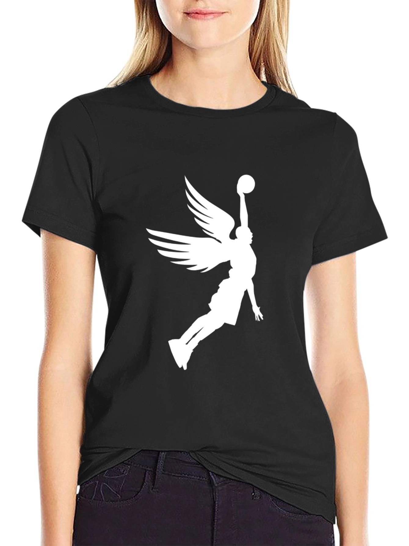 Angel Wing Basketball Graphic Tee - Black Cotton Blend