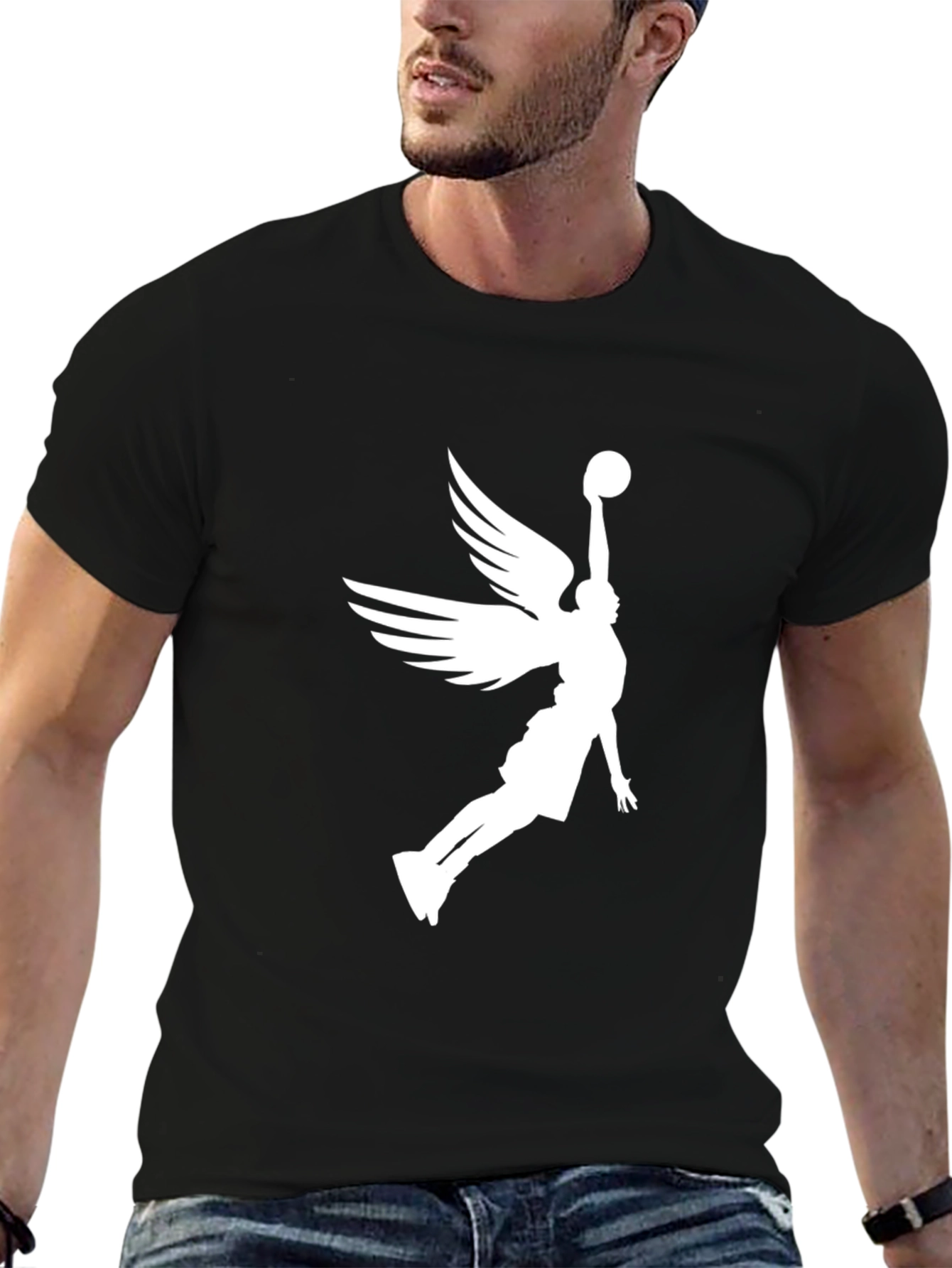 Angel Wing Basketball Graphic Tee - Black Cotton Blend