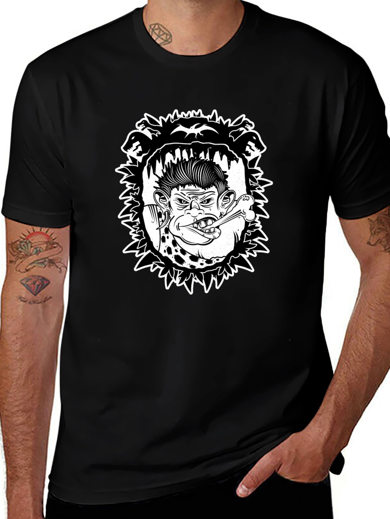Edgy Punk Rocker Ape Graphic Tee - Black
