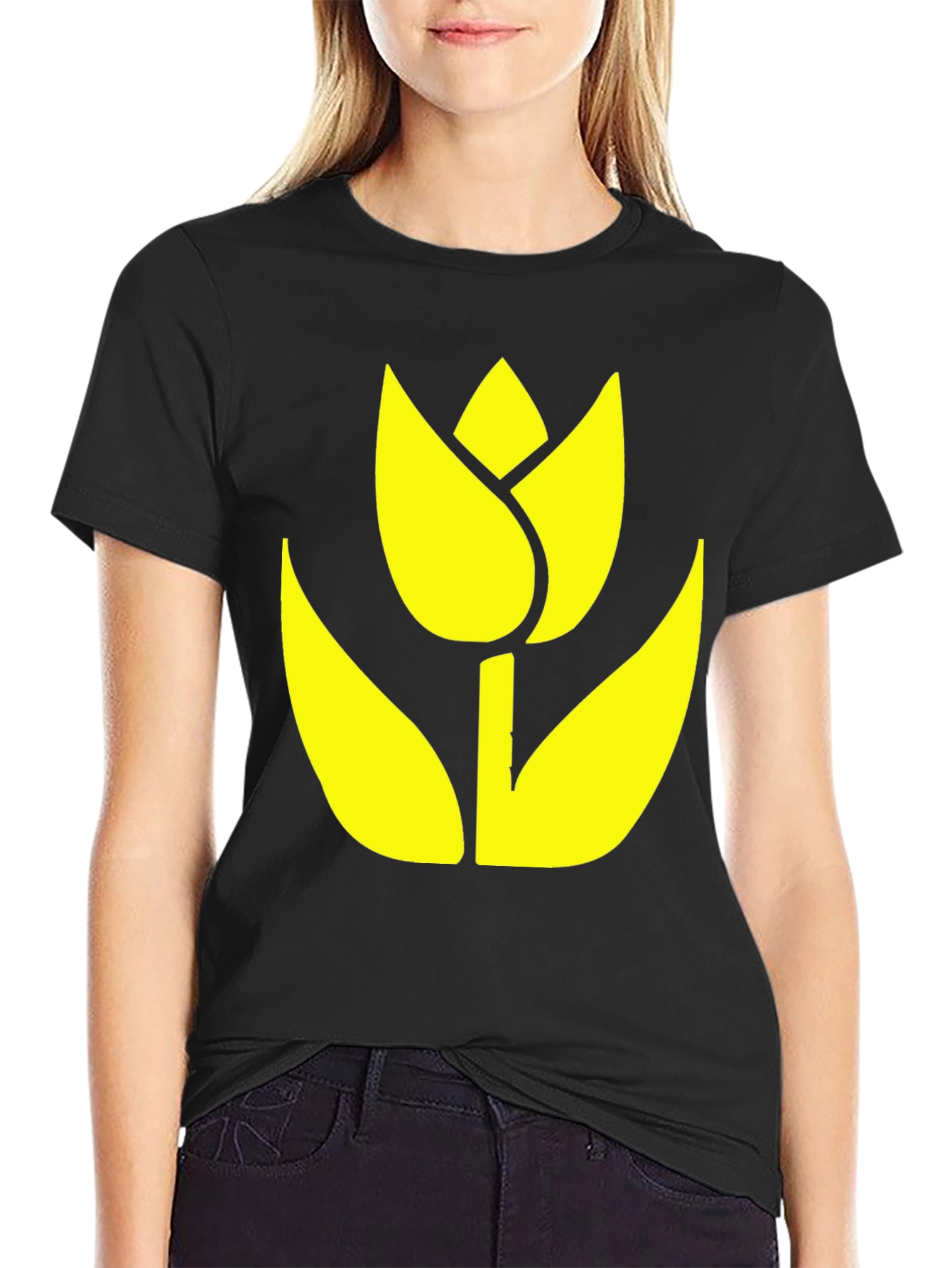 Black T-Shirt with Yellow Tulip Graphic
