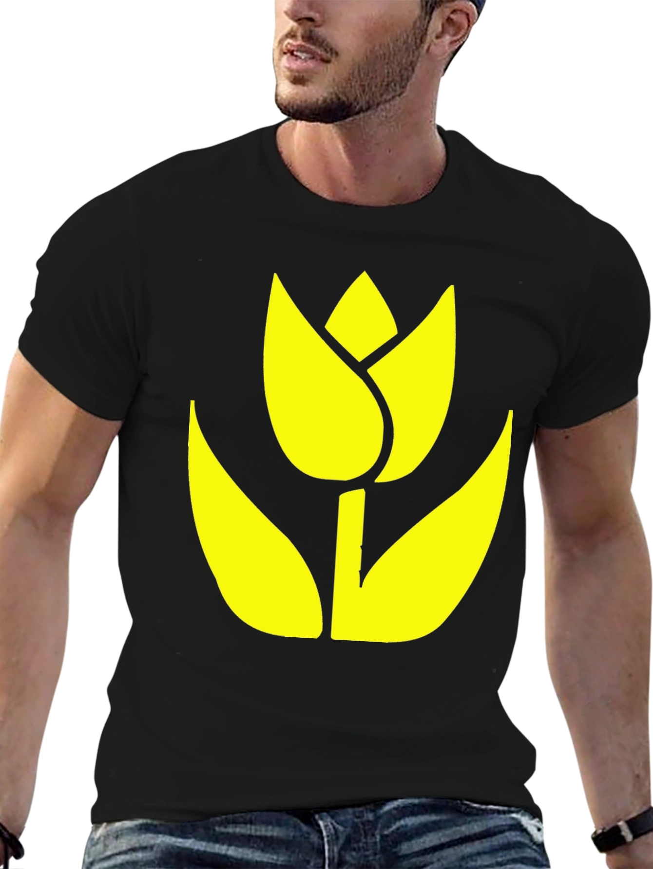 Black T-Shirt with Yellow Tulip Graphic