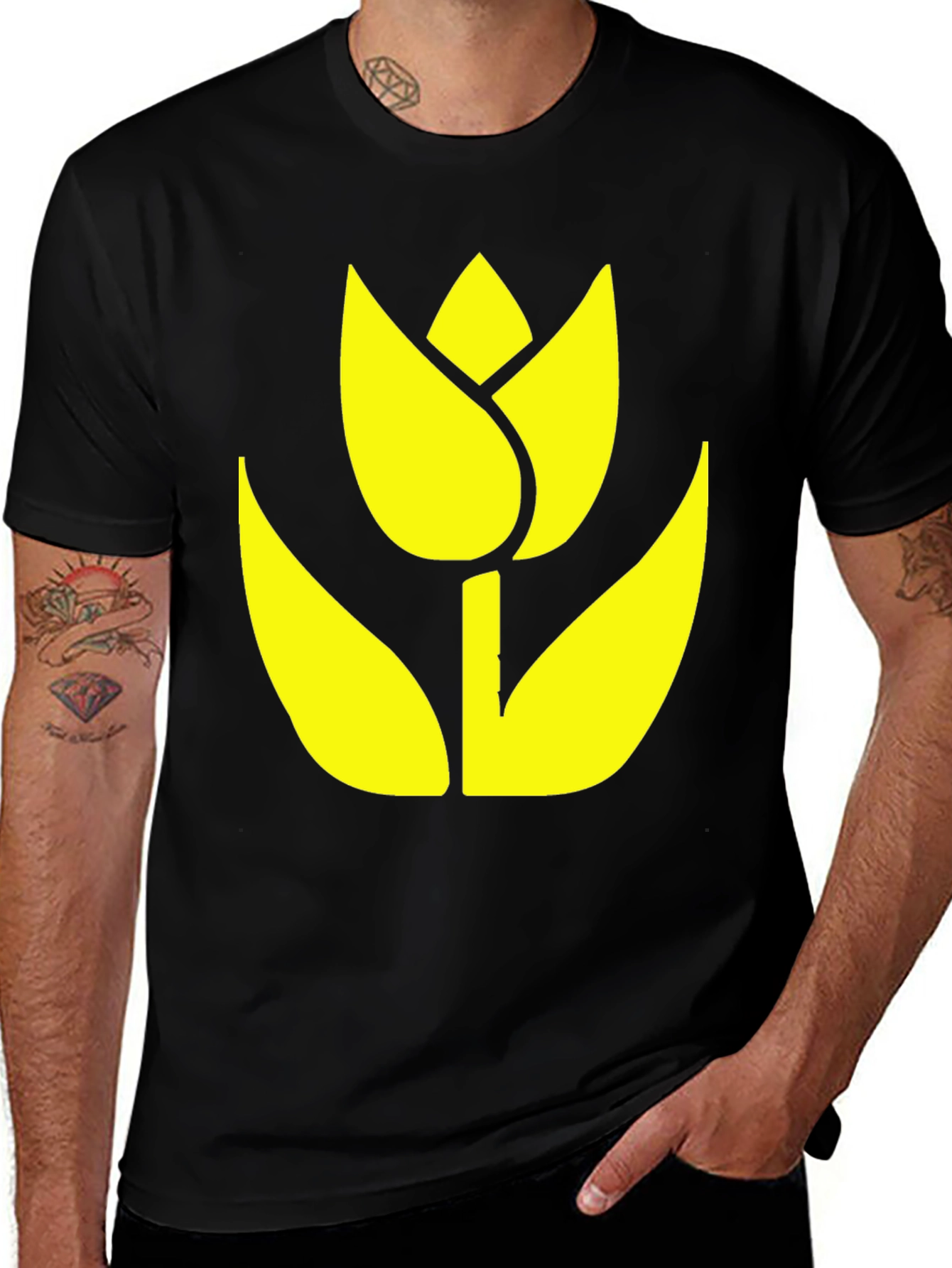 Black T-Shirt with Yellow Tulip Graphic