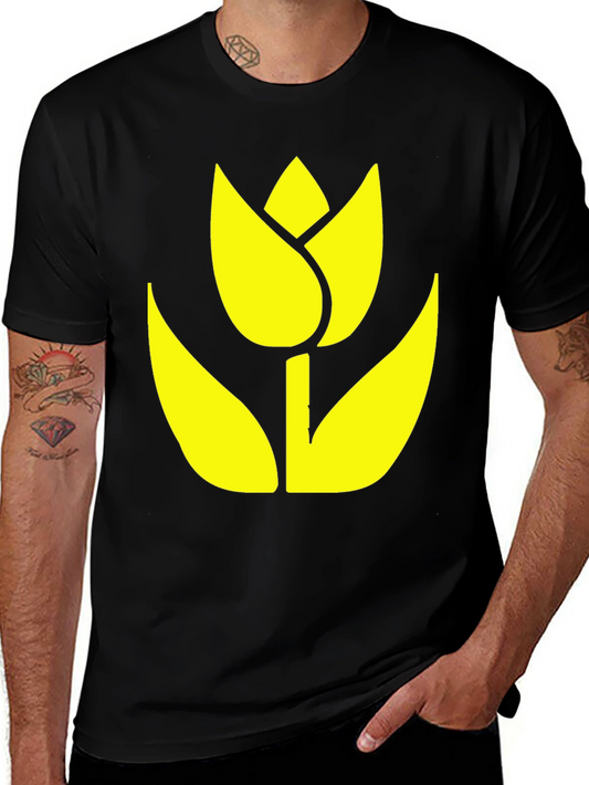 Black T-Shirt with Yellow Tulip Graphic