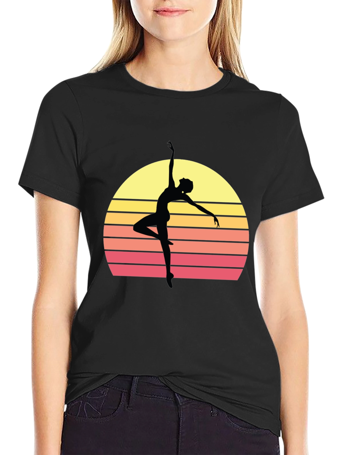 Retro Sunset Ballerina T-Shirt - Stylish Dance Tee
