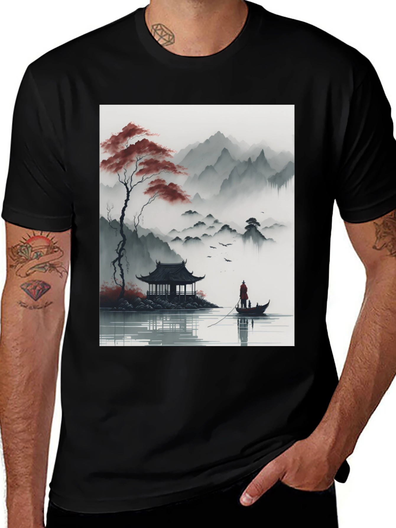 Asian Landscape Graphic Tee - Black